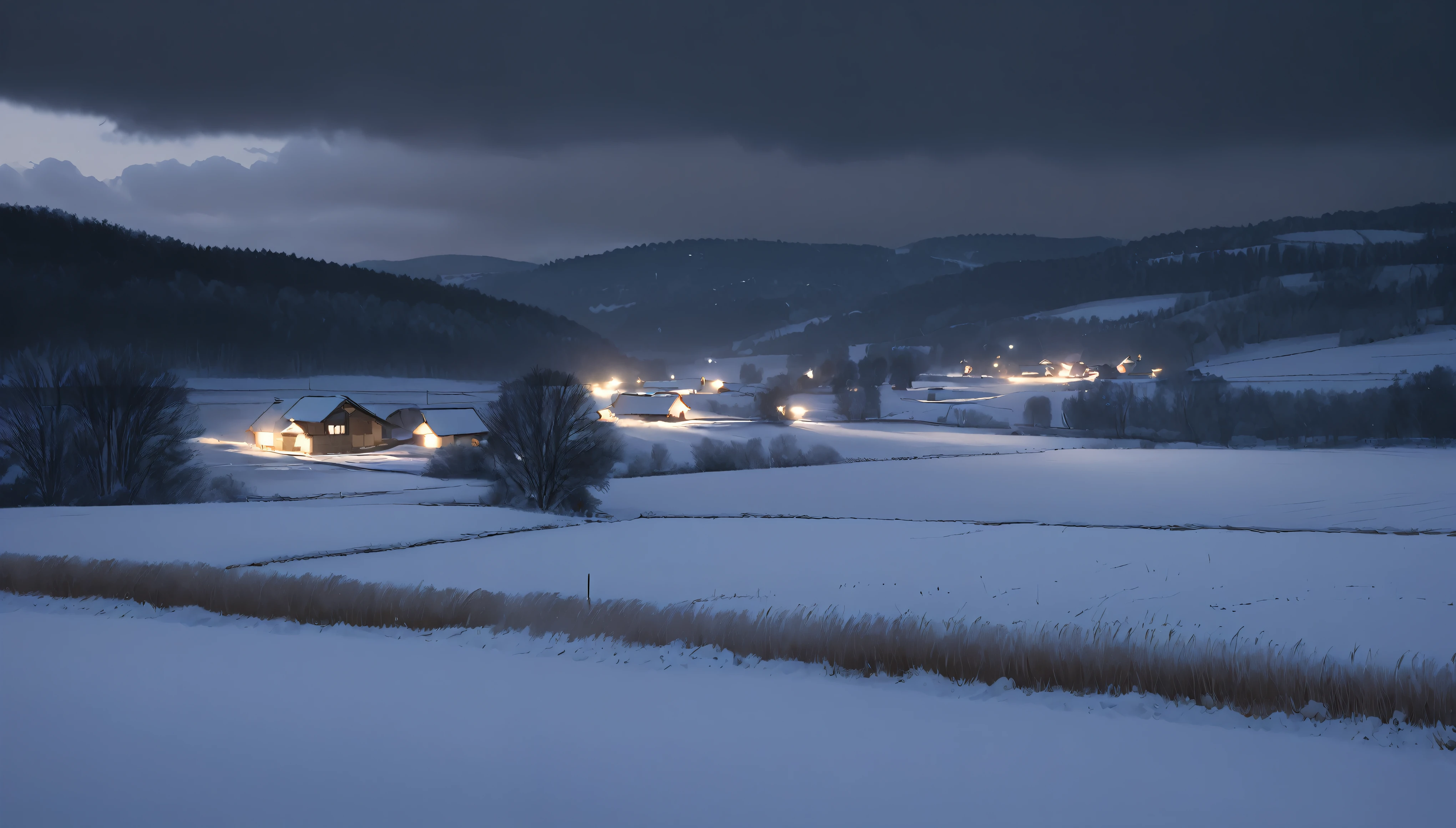 night,Japanese countryside,cloudy,Snow Scene,Highest quality, 8k, High resolution, masterpiece:1.2, Very detailed, Realistic:1.37, High resolution, 超High resolution, Very detailed, Professional, Vibrant colors