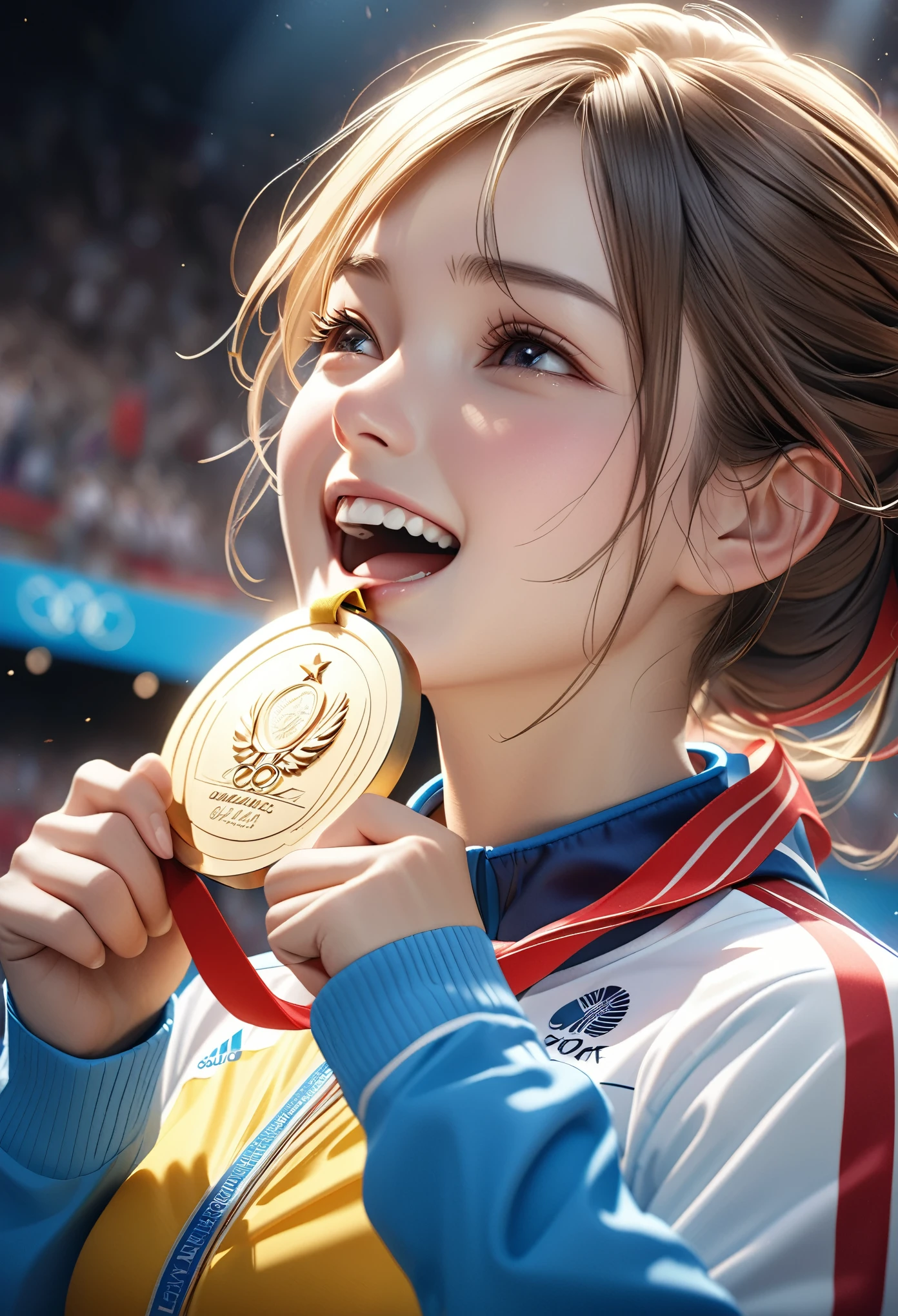 a woman being awarded a gold medal at the paris olympics, highly detailed realistic 3d cg rendering of the award ceremony, close-up of an athlete receiving the medal, their face expressing joy and pride, dramatic studio lighting, intricate details of the medal and athlete's uniform, vibrant colors, photorealistic, masterpiece quality, (best quality, 8k, highres, masterpiece:1.2), ultra-detailed, realistic, photo-realistic:1.37, dramatic lighting, emotional expression, dynamic pose, gold medal, olympic medal ceremony, athlete, sport, competition, triumph, celebration