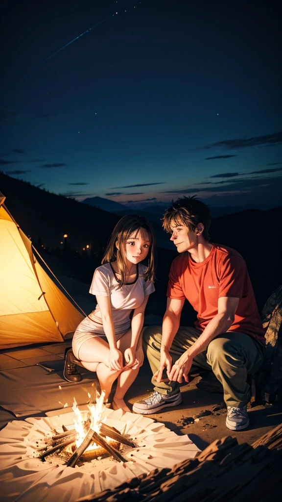 A couple is camping on top of the mountain. The couple is wearing short clothes and the girl has big hips. It is evening and the fire is burning.