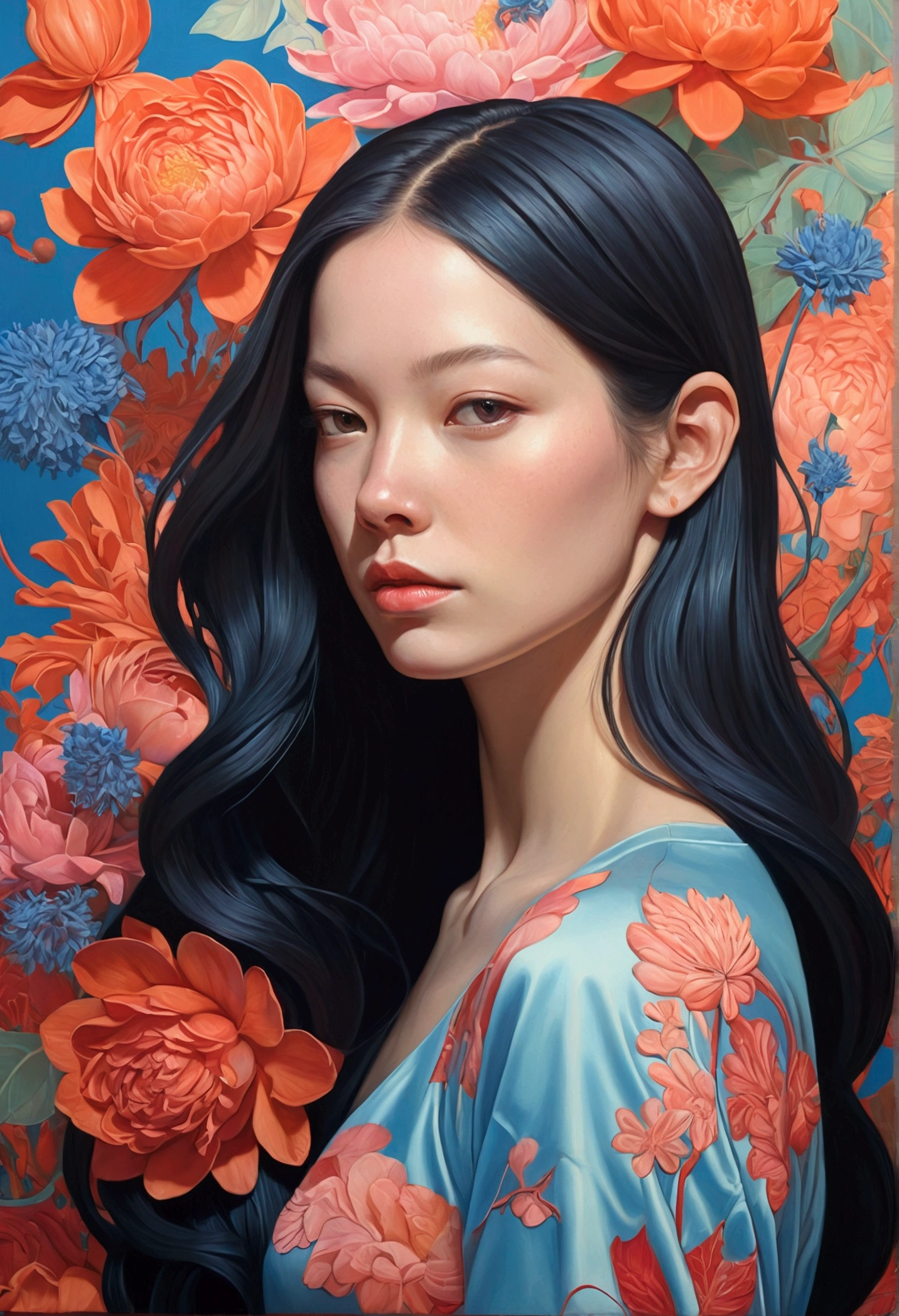 Painting of a woman with long hair and flowers, Ultra-fine detailed paintings inspired by James Jean, Reddit, neo-fauvism, James Jean and Petra Cortright, James Jean Mark, JamesJean」, James Jean Andrey Ryabovitchev, Kilian Eng: Vivid Colors, James Jean Soft Light 4K, Kilian Eng: Vivid Colors
