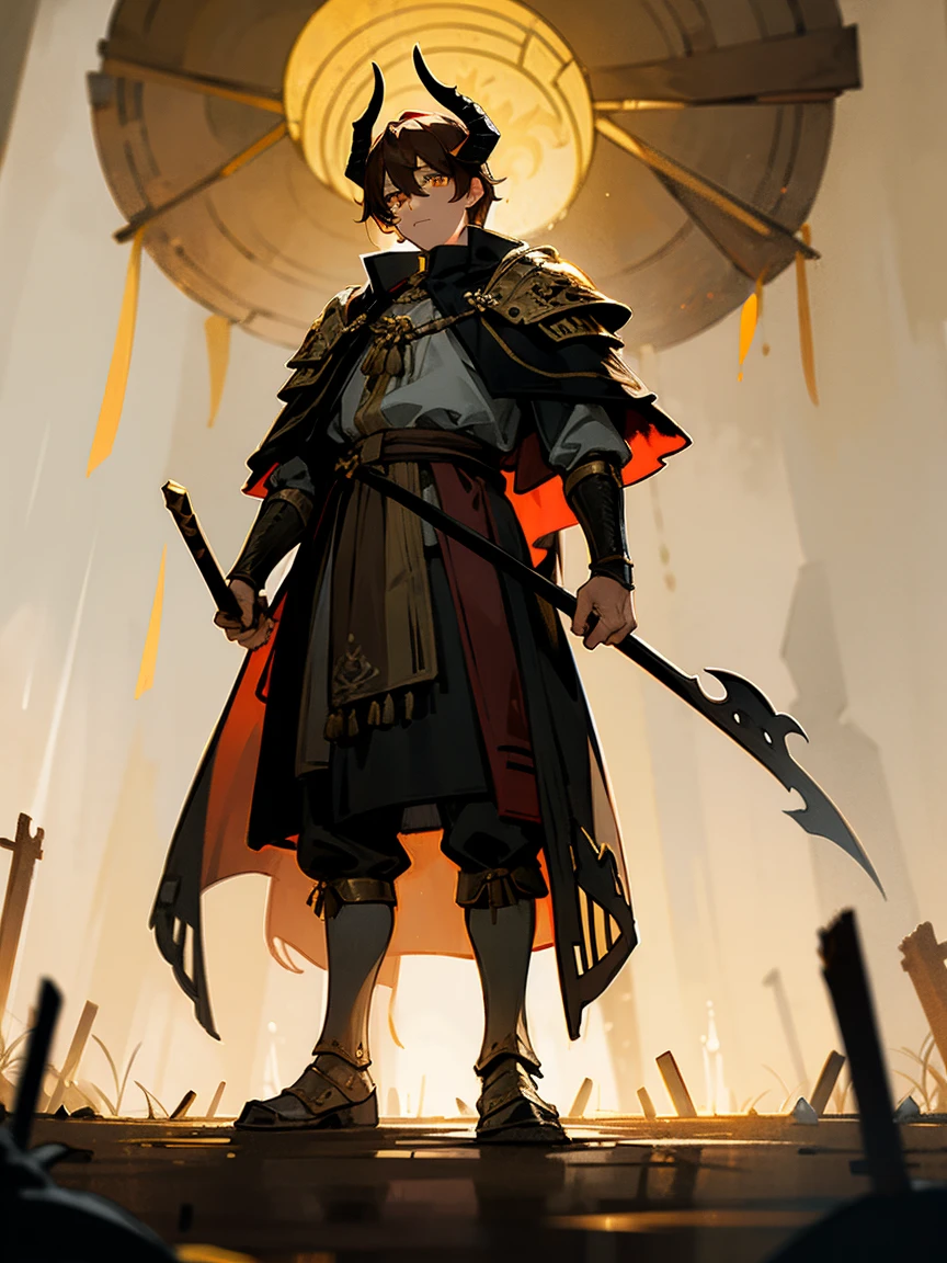 1male, brown hair, ram horns, golden eyes, medieval armor, tattered cloak, standing in a mystical forest with floating lanterns