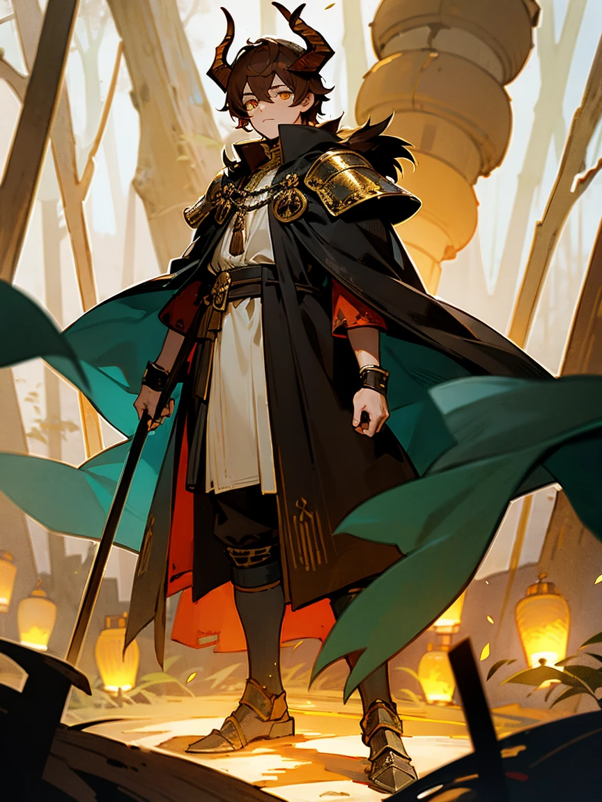 1male, brown hair, ram horns, golden eyes, medieval armor, tattered cloak, standing in a mystical forest with floating lanterns