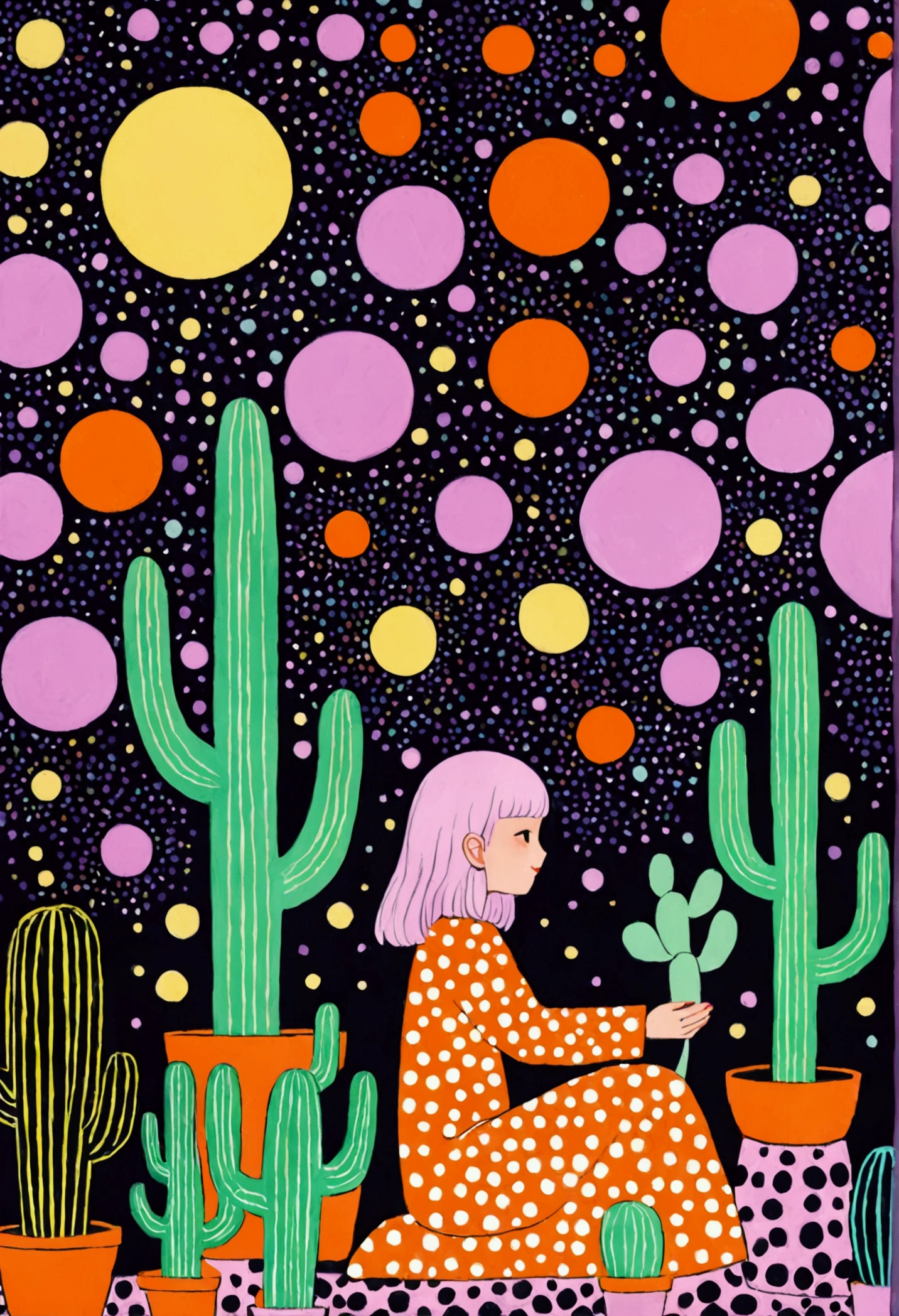 A painting。pastel artwork。Purple,orange color,Flat illustration,Dot、line、Neon,cactus,Tree、firefly,Dreamy colors,Illustration style(Artists can refer to Yayoi Kusama)