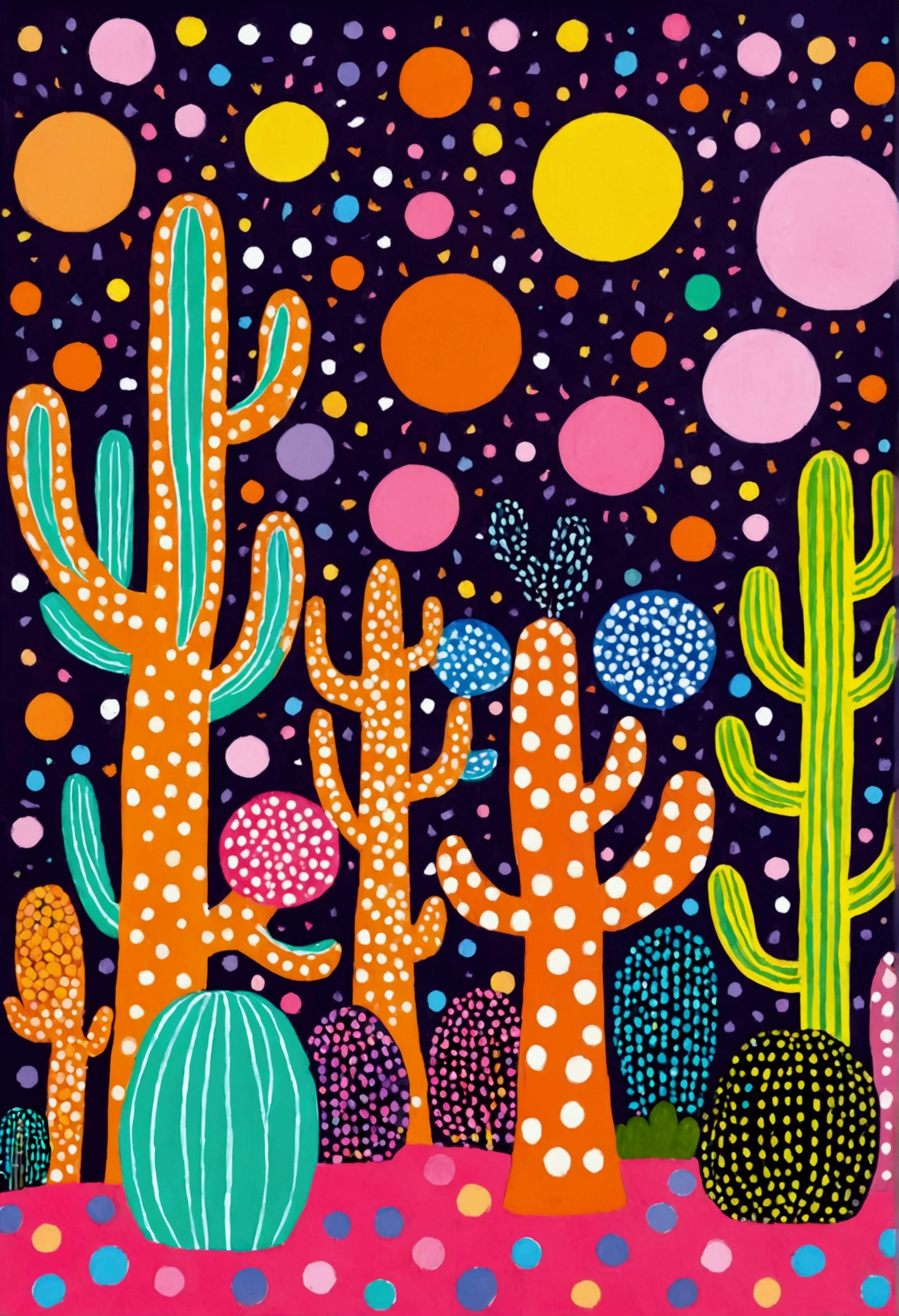 A painting。pastel artwork。Purple，orange color，Flat illustration，Dot、line、Neon，cactus，Tree、firefly，Dreamy colors，Illustration style（Artists can refer to Yayoi Kusama）
