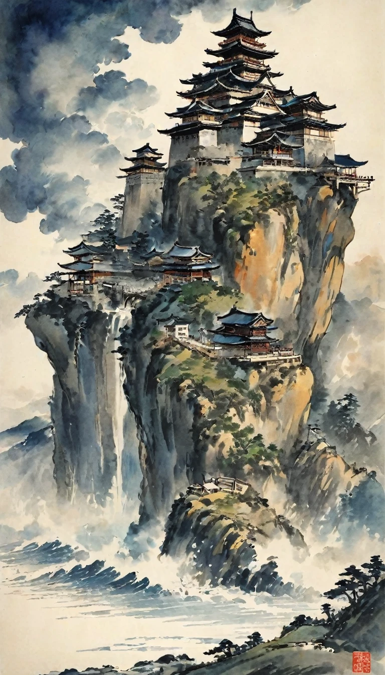 Katsushika Hokusai、vague、Mont、Huge castle、cliff、Rock surface、waterfall、port、gather together、Ink and watercolor、Light tones、calligraphy、Ink Painting　Ink Painting　Drawn with a brush　cyber punk　cloud　Characters written with a brush