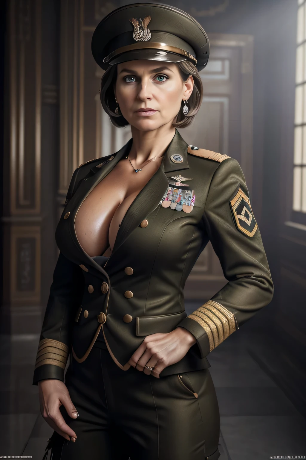 Highly detailed CG Unity 8k wallpaper, masterpiece, realistic, ((1girl)), (A beautiful 40 year old German woman Sophie Anneliese Schneider with short brown hair wearing earrings with a mature look, she has a serious fierce expression, wearing a military uniform full suit and military hat), (perfect big breasts), (female IFBB physique, ripped abs, muscular thighs), (military desert background)