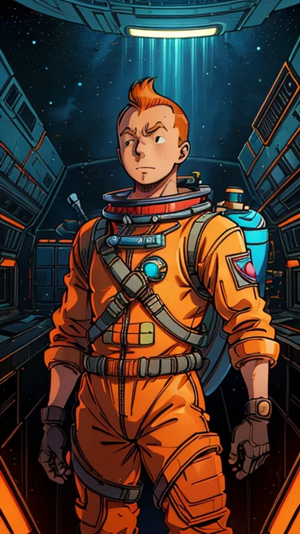 (Teens:1man: Tintin), (extremely detailed CG unit 8k wallpaper),(master part), (best quality), (ultra detali), (best illustration),(One Piece Style), cowboy shot, (Sharp eyeliner, ombre, detailed eyes:1),Dark midnight derelict spaceship interiors background, ,break , (astronaut in an orange space suit), upper body, short hair, orange hair