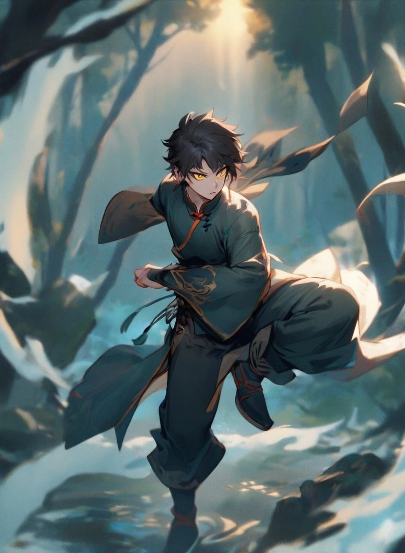young man ,Male Dark, dark Woods, dark blue colors, monk dnd, man with yellow eye, Kungfu Tai Chi Clothes costume style,
