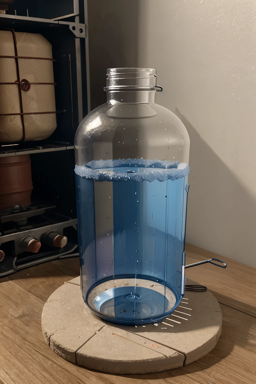 create a 3D model of a blast furnace using drinking straw, empty mineral water bottle, water, cooking oil, iron powder, coke, limestone powder, transparent plastic bag, motor, blade of fan and paperclips 