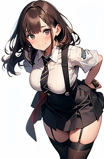 Brown Hair、Looking at the audience　　suspenders　　　bulging big breasts　　 　 　　　　Black mini skirt　garter belt　Knee-high socks　　　　　　sight　　　Small face　bangs 　　　　　beauty　　Show your hand　　 　sight 　Black boots 　Taunt　　Armpit sweat　One person 　　Place your hands behind your back　Dress shirt　　Panty shot