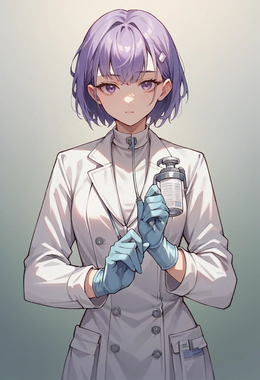 1girl, bangs, ((purple medical gloves)), ((surgical gloves)), ((latex gloves)), ((((long sleeves)))), ((white surgeon outfit)), looking at viewer, ((white doctor outfit)), standing, solo