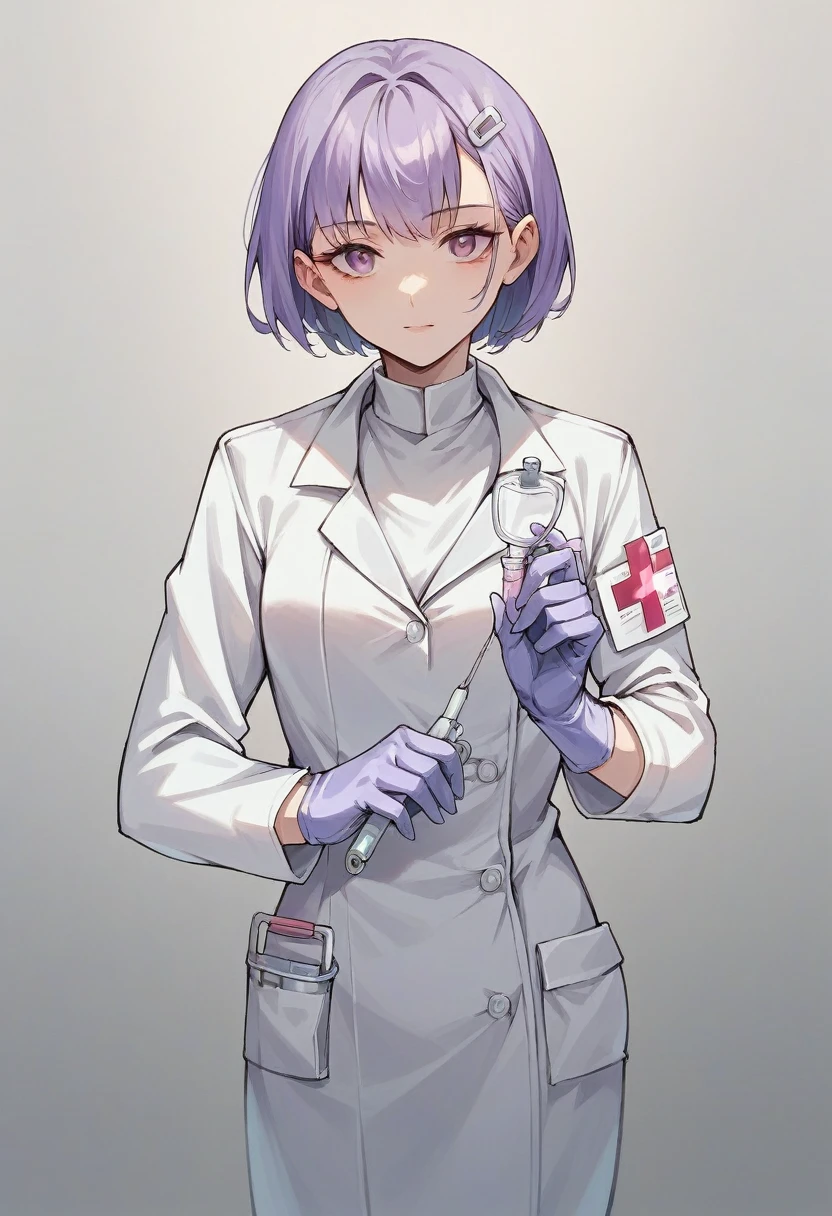 1girl, bangs, ((purple medical gloves)), ((surgical gloves)), ((latex gloves)), ((((long sleeves)))), ((white surgeon outfit)), looking at viewer, ((white doctor outfit)), standing, solo