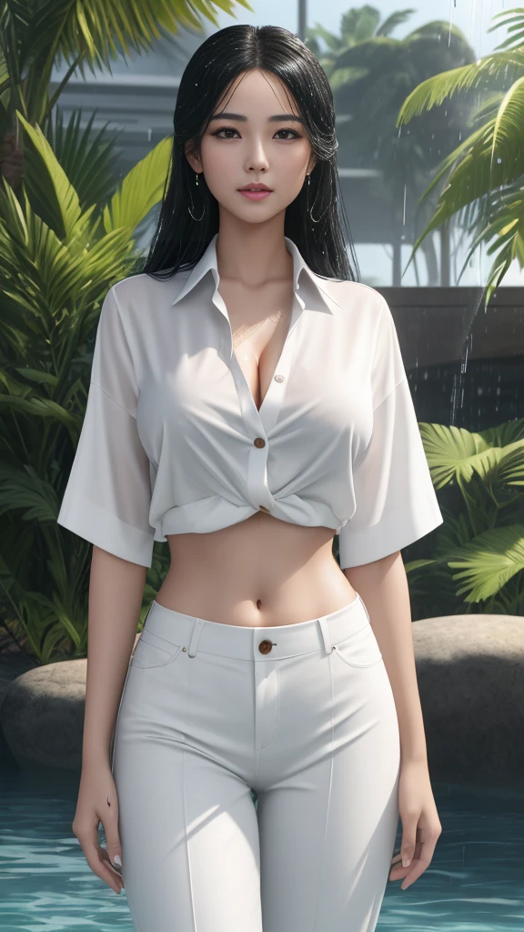 best quality, Masterpiece, Beautiful age girl with a perfect body, Long black hair, Slim stomach, big breasts, Thin white shirt, no bra, The buttons were thin and damp all the way up to the length of the shirt., Hawaiian pattern pants, Wet from the rain, rain, wet body, ผิวหน้าและผิวที่มีHighly detailed, Smooth skin, sexy, Standing at the water park, CG Highly detailed, Very beautiful and elegant,very detailed eyes, Fine texture, Detailed fabric, Beautifully detailed face, complicated details, Special details, 3d, 30k, movie theater light, Stunning light, shallow depth of light, Beautiful clothing details, Highly detailed, UDR, Sharp focus, Physics-based rendering