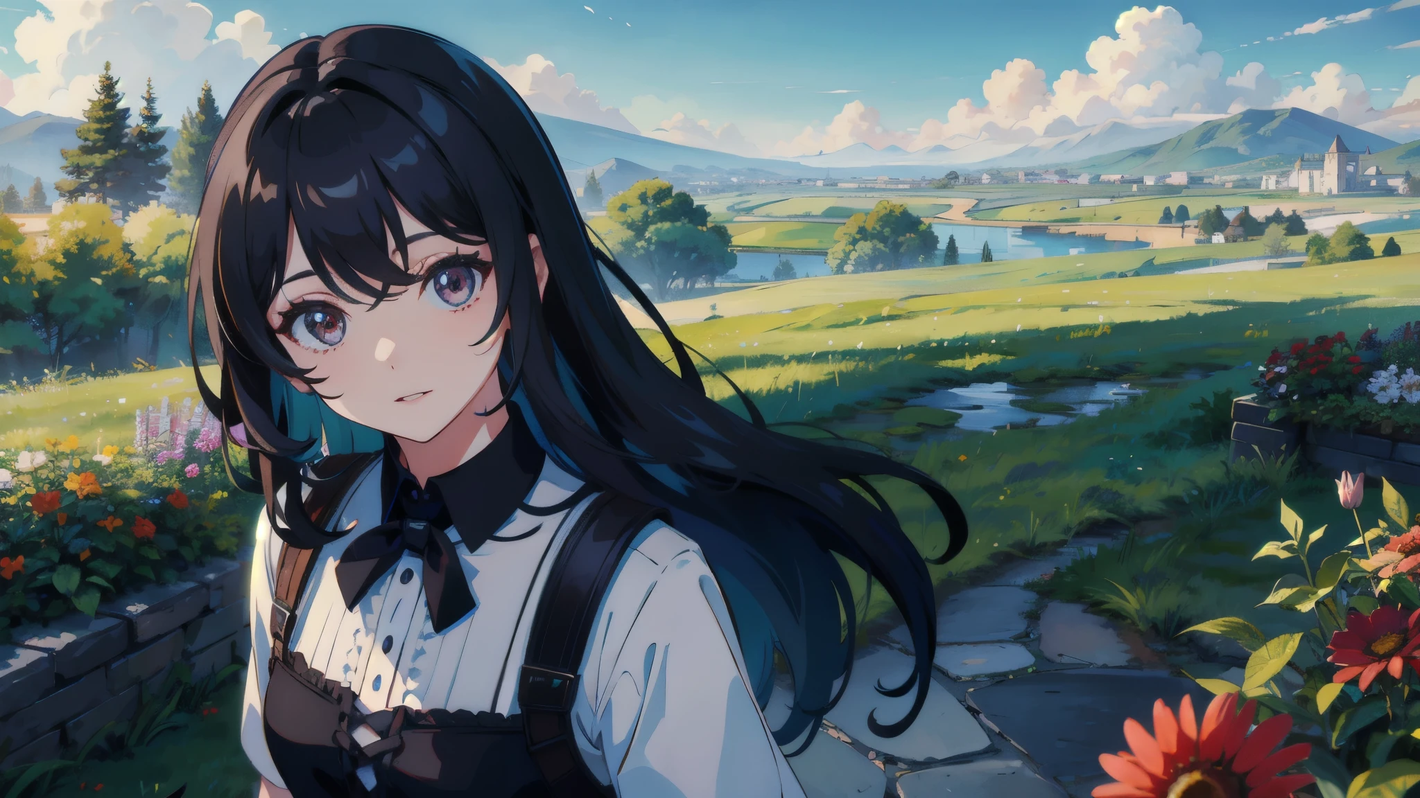 masterpiece,Highest quality,One Girl,The hair color is brown, Eye color: black, Kind eyes，Gradient Hair,countryside,Cityscape,sunlight,Flowers and plants,blue sky,scenery,afternoon,Light Perception,Soft sunlight,