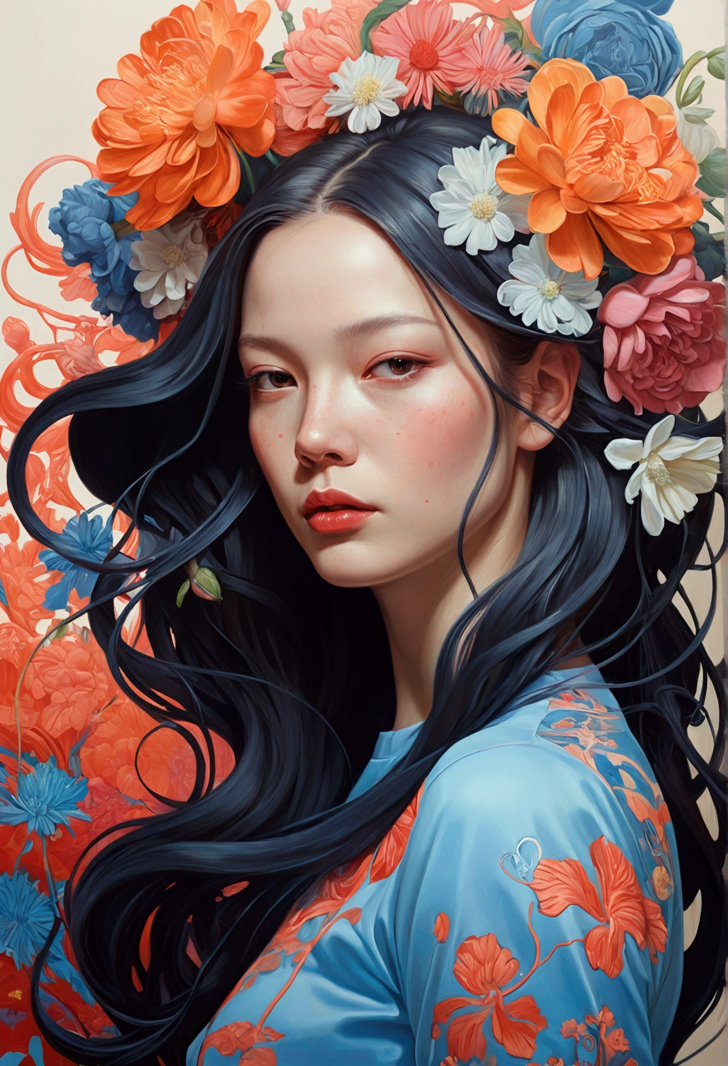 Painting of a woman with long hair and flowers, Ultra-fine detailed paintings inspired by James Jean, Reddit, neo-fauvism, James Jean and Petra Cortright, James Jean Mark, JamesJean」, James Jean Andrey Ryabovitchev, Kilian Eng: Vivid Colors, James Jean Soft Light 4K, Kilian Eng: Vivid Colors