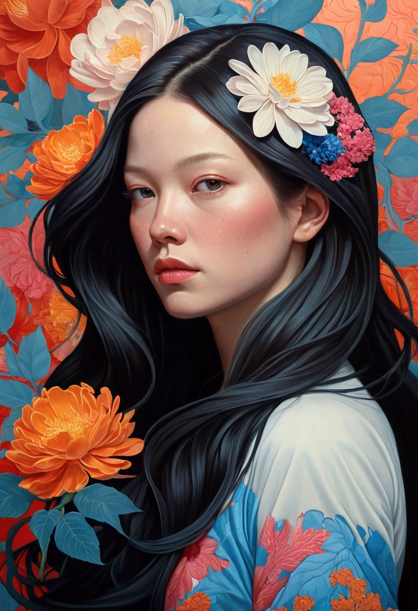Painting of a woman with long hair and flowers, Ultra-fine detailed paintings inspired by James Jean, Reddit, neo-fauvism, James Jean and Petra Cortright, James Jean Mark, JamesJean」, James Jean Andrey Ryabovitchev, Kilian Eng: Vivid Colors, James Jean Soft Light 4K, Kilian Eng: Vivid Colors