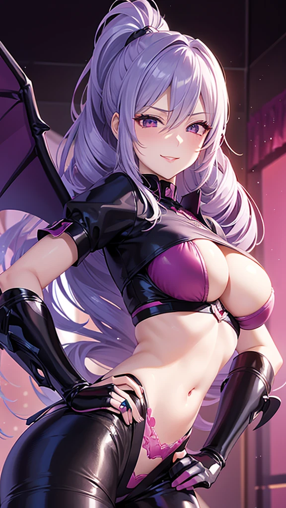 erotic, expensive, Big Breasts, mature, Married women, Wearing a shiny purple rubber suit、邪evilな女戦闘員, Red and black background, heart, Bedroom, Dark Theme, evil, lure, excited, Condescending smile, Sexy pose, Upper Body, Angle from below, Bat Wings