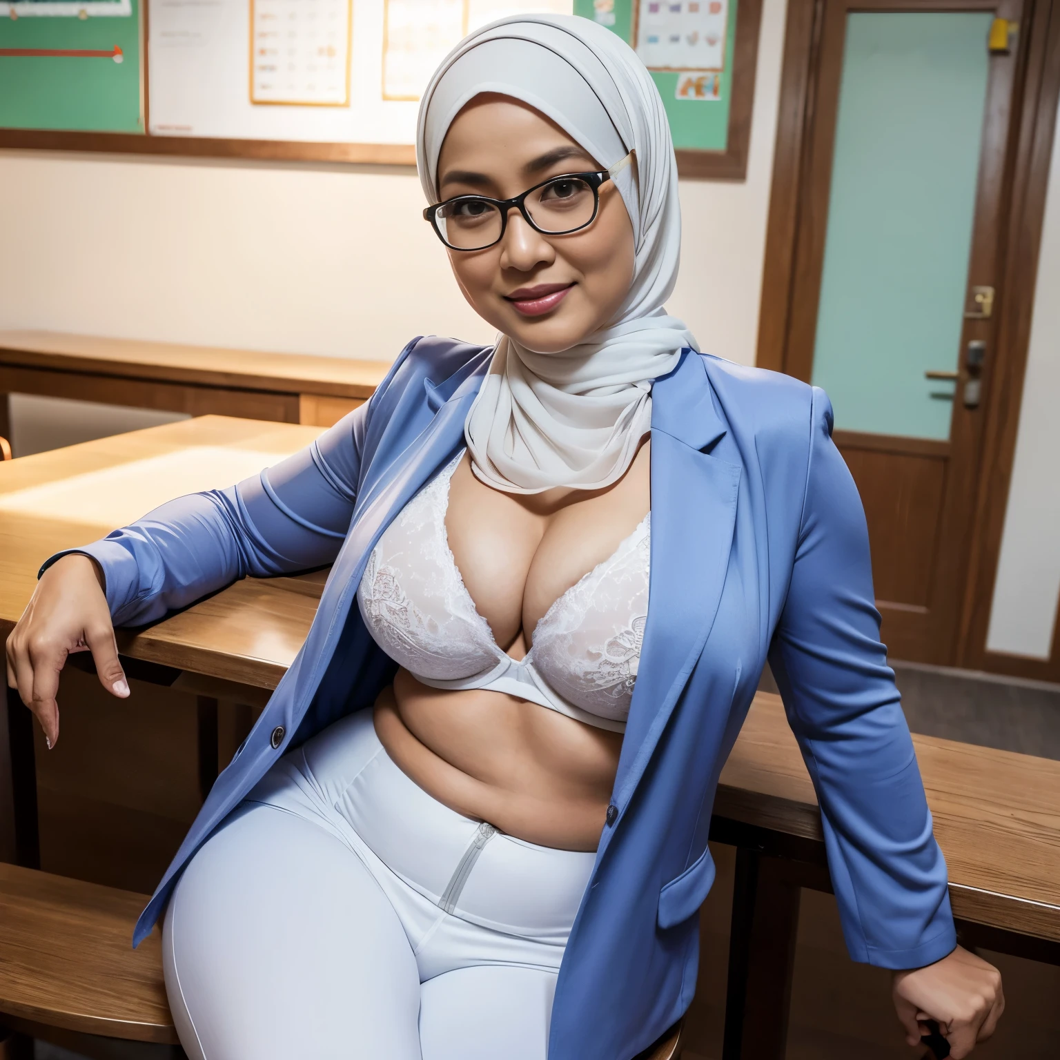 56 Years Old, ((Beautiful Hijab Nerdy Indonesian Mature woman, Headmaster Of Kindergarten school)), White Porcelain skin, (Huge Tits) Curvy body, wearing Blazer, ((Tight Unbuttoned Blazer)), ((Sport Bra)), (Curvy Body), Full body shot, Professional Photoshot, Professional High Lightning, At Daytime, Light Colour, 7560P, Canon EOS 250D, 128K UHDR Best Quallity