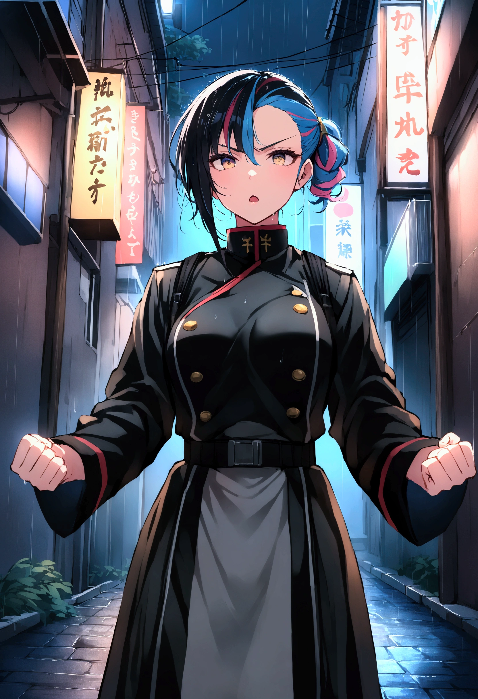 score_9、score_8_up、score_7_up、source_アニメ、1 person、solo、Staring at the audience、LucyKushinada、Multicolored Hair、Asymmetrical Hair、Multicolored eyeakeup、Uniform、Martial arts belt、Outdoor、alley、night、dark、(rain)、Combat Stance、Clenched hands、Upper Body、Outstretched arms、building、night空、Neon Light、electric wire、Wet服、Wet、Wet髪、Angry、Open lips