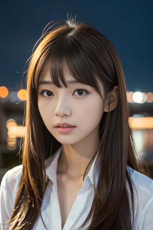 Asian high school girl wearing a white summer blouse,(Detailed skin:1.2),(Glowing Skin:1.1),Highest quality, masterpiece, Ultra-high resolution,(Realistic:1.4), RAW Photos,(Soft Saturation:1.3),(Fair skin:1.2), One Japanese idol,Thin lips, Brown eyes, (View your viewers), 18-year-old, Detailed face, Perfect female body, Medium Hair,Hair swaying softly in the wind, Asymmetrical bangs, Light brown hair, 非常にDetailed face, (Depth of written boundary),, bridge, building, city, city lights, colorful, night,  Ocean, Outdoor, scenery, null, water, bridge, island, 
masterpiece, Highest quality, Moody lighting, Blue Hour,  