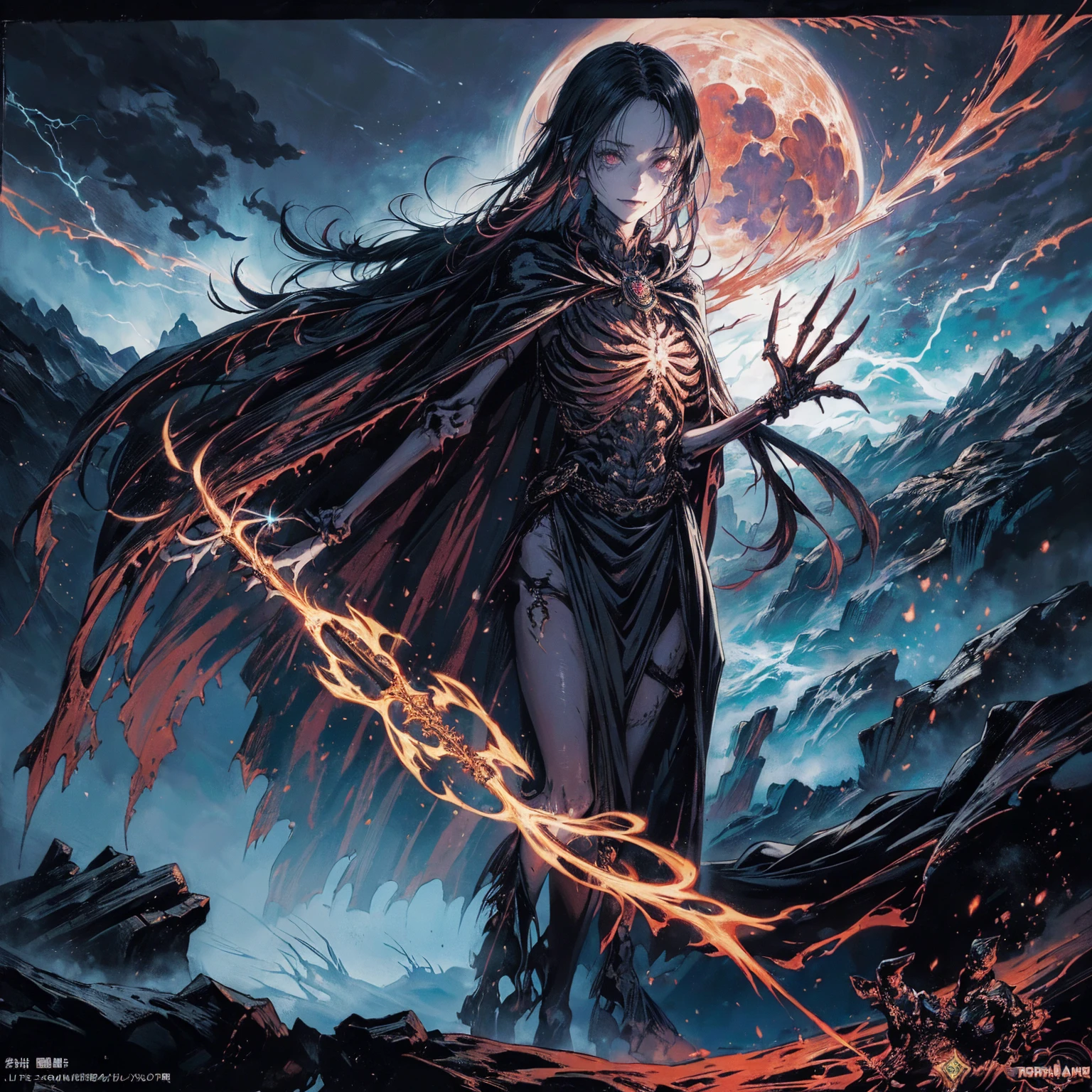 (full body shot:1.5), (Wide-angle lens:1.2), best quality, 4K, high resolution, (masterpiece:1.2), Very detailed, (current:1.37), (Anatomically correct:1.2), Mood lighting, Undead girl in a long cloak, black hair, Torso and limb is skeleton bone but head is still beautiful human face, Wearing a tattered gothic skirt, A sense of alienation, Dangerous sneer, Smiling and crying, Dark Force (StarWar), Force lightning radiates from fingertips, Facing the camera, Pitch black sky, Blood red moon, strange atmosphere, Gothic style, Unforgettable beauty, Dramatic shadows, Ethereal Light, Mysterious atmosphere, Resurrection from the grave, The Black Magic, Dead, Anime characters with black hair, Detailed cover design, Anime epic artwork, detailed key anime art, Be focused, dark fantasy artwork, Anime Fantasy Artwork, Official artwork with high detail, Dark Witch Panorama, Lich Vecna (d&d)