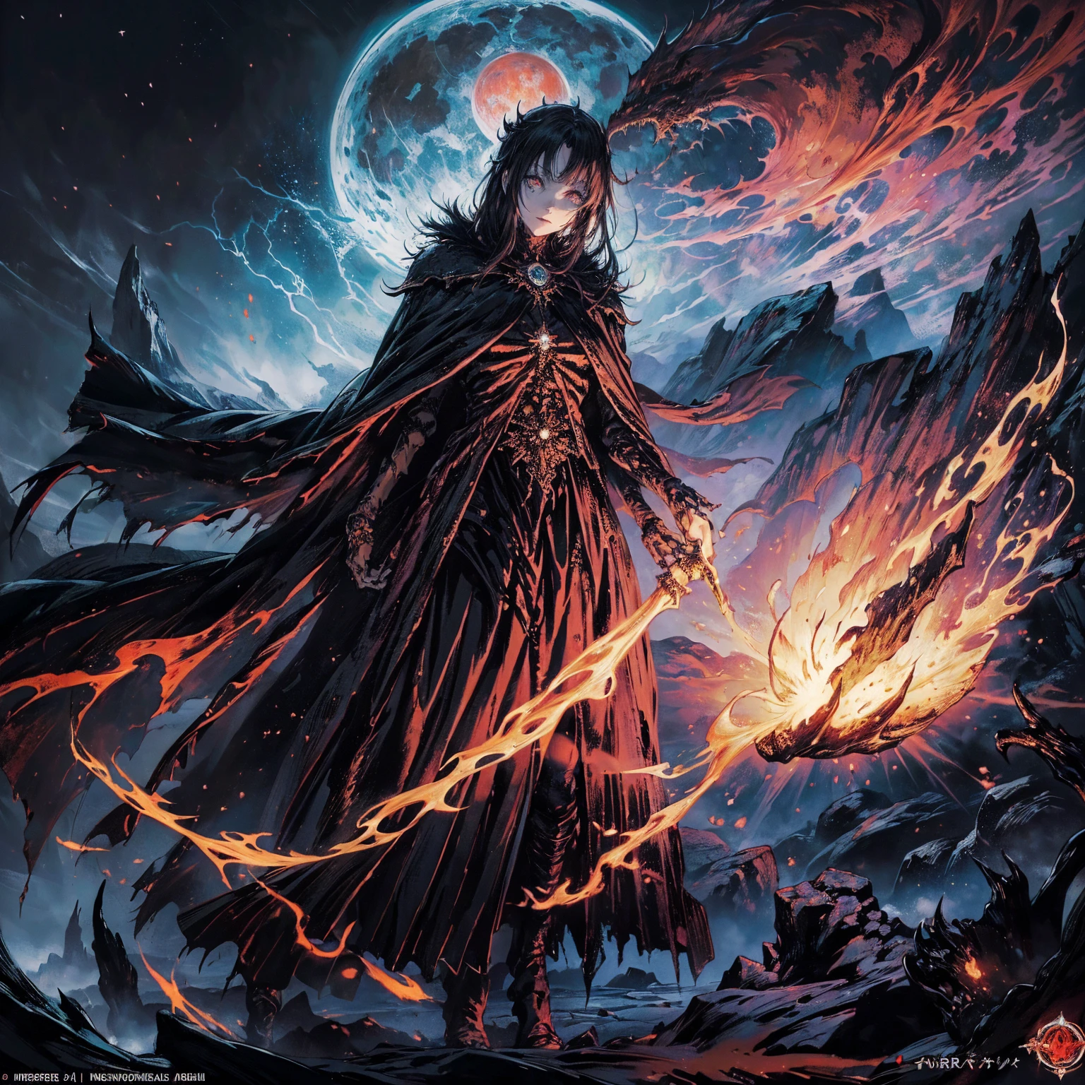 (full body shot:1.5), (Wide-angle lens:1.2), best quality, 4K, high resolution, (masterpiece:1.2), Very detailed, (current:1.37), (Anatomically correct:1.2), Mood lighting, Undead girl in a long cloak, black hair, Torso and limb is skeleton bone but head is still beautiful human face, Wearing a tattered gothic skirt, A sense of alienation, Dangerous sneer, Smiling and crying, Dark Force (StarWar), Force lightning radiates from fingertips, Facing the camera, Pitch black sky, Blood red moon, strange atmosphere, Gothic style, Unforgettable beauty, Dramatic shadows, Ethereal Light, Mysterious atmosphere, Resurrection from the grave, The Black Magic, Dead, Anime characters with black hair, Detailed cover design, Anime epic artwork, detailed key anime art, Be focused, dark fantasy artwork, Anime Fantasy Artwork, Official artwork with high detail, Dark Witch Panorama, Lich Vecna (d&d)