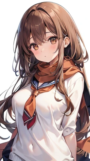 One girl, high school girl, Long Hair, Brown Hair, Sailor , Brown eyes, scarf, White Background,Big Breasts