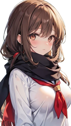 One girl, high school girl, Long Hair, Brown Hair, Sailor , Brown eyes, scarf, White Background,Big Breasts