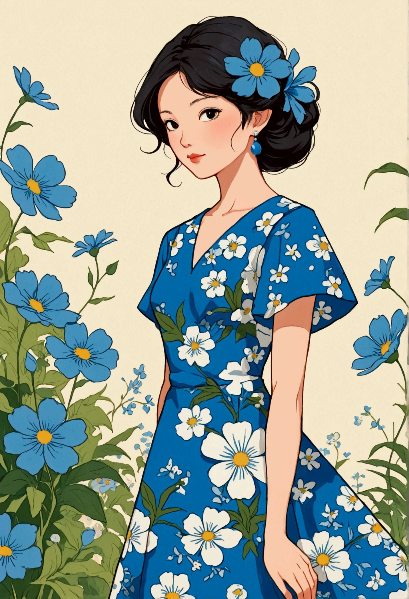 Close-up of a woman wearing a blue dress with blue flowers, author：Tatsujima Yuko, Woman in flowers, Conrad Rosset&#39;s style, Wearing a floral dress, Inspired by Miwa Komatsu, Inspired by Eva Gonzalès, author Tanaka Isson, by Karen Katz, Heaton in a floral dress, Fashion Illustration, luxury Fashion Illustration