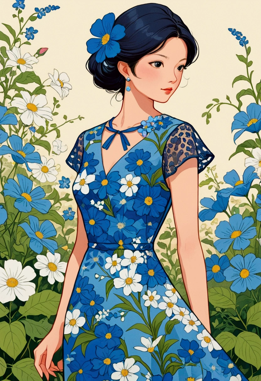 Close-up of a woman wearing a blue dress with blue flowers, author：Tatsujima Yuko, Woman in flowers, Conrad Rosset&#39;s style, Wearing a floral dress, Inspired by Miwa Komatsu, Inspired by Eva Gonzalès, author Tanaka Isson, by Karen Katz, Heaton in a floral dress, Fashion Illustration, luxury Fashion Illustration