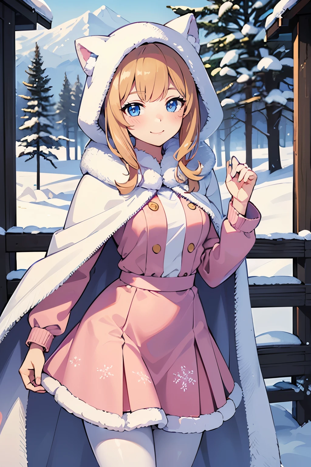 Safe for work, masterpiece, best quality, solo, 1 girl,  cute girl, wholesome girl, (young female body:1.4), ( medium small breasts), cowboy shot, shy smile, flustered,  yellow golden hair, extra long hair, thick wavy hair, hime cut, very blunt bangs, light blue eyes, detailed eyes, outside, snowy woods, wooden cabin in background, standing, pink dress, pink winter dress, dress with white fur, white cotton pantyhose, winter, long sleeve, pink dress, snowflake print on dress, thick winter pink dress, white fluffy fur trimmings, white fur, warm, pink dress, white cloak, fluffy cape, cape over shoulder, white cape, bows on dress, cape hood over head, hood 