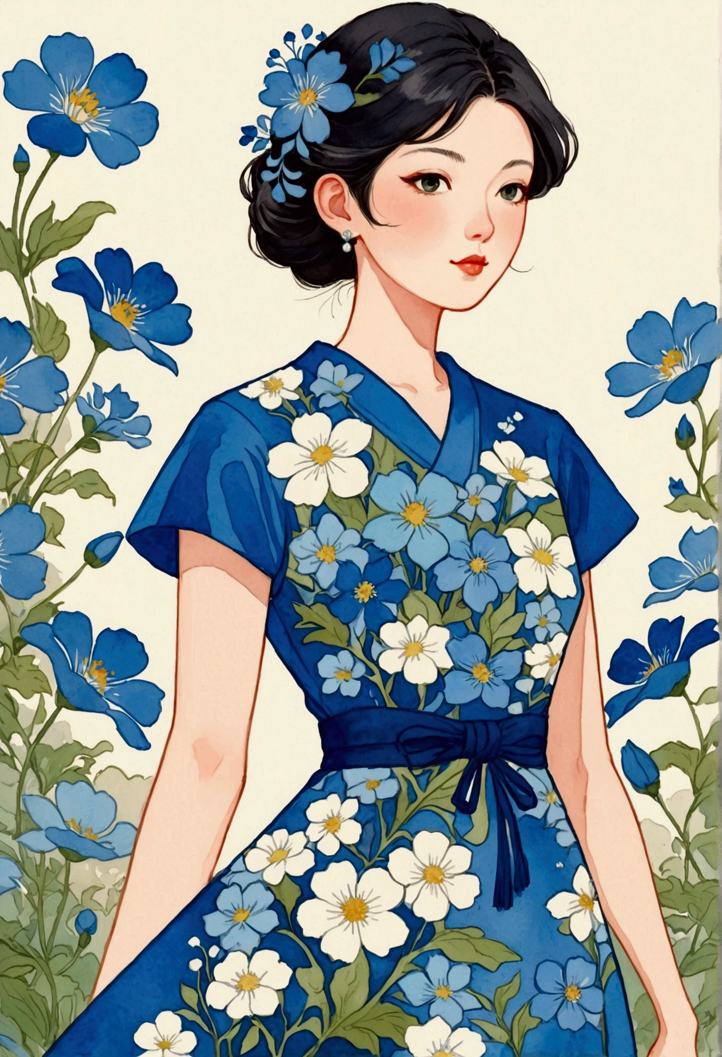 Close-up of a woman wearing a blue dress with blue flowers, Tatsujima Yuko（Yuko Tatsushima）Watercolor, tumblr, Cloisonnism, Woman in flowers, Conrad Rosset&#39;s style, Wearing a floral dress, Heaton in a floral dress, Fashion Illustration, luxury Fashion Illustration, Drawn in a whimsical style, Japanese illustrator, Floral Fashion, Girl in the flowers