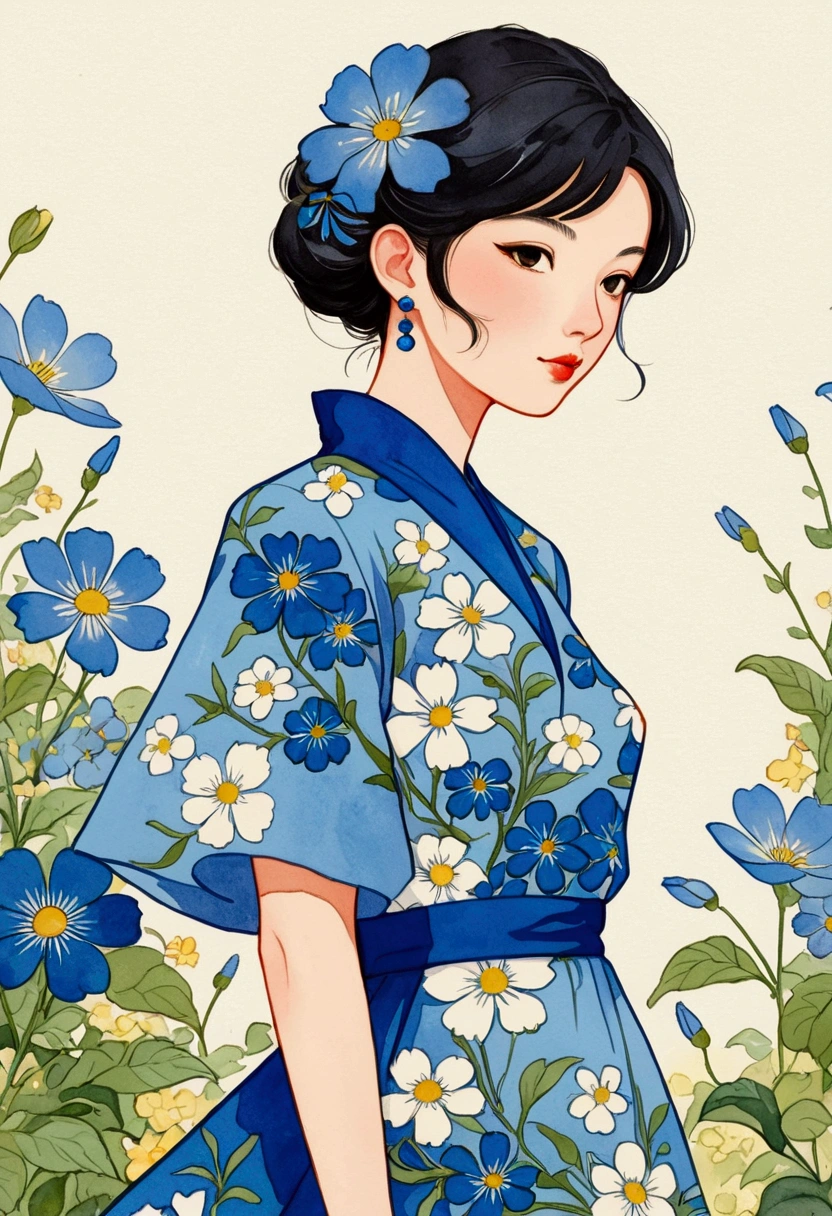 Close-up of a woman wearing a blue dress with blue flowers, Tatsujima Yuko(Yuko Tatsushima)Watercolor, tumblr, Cloisonnism, Woman in flowers, Conrad Rosset's style, Wearing a floral dress, Heaton in a floral dress, Fashion Illustration, luxury Fashion Illustration, Drawn in a whimsical style, Japanese illustrator, Floral Fashion, Girl in the flowers