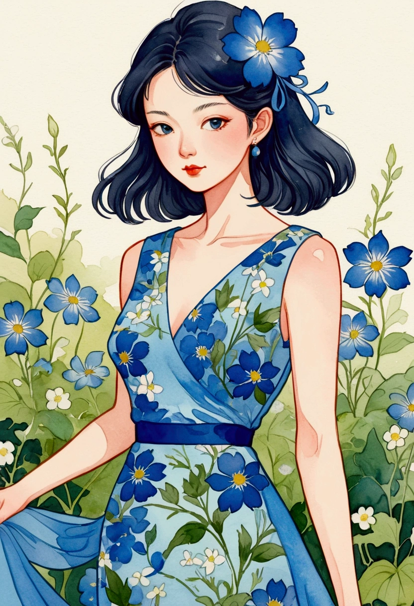 Close-up of a woman wearing a blue dress with blue flowers, Tatsujima Yuko(Yuko Tatsushima)Watercolor, tumblr, Cloisonnism, Woman in flowers, Conrad Rosset's style, Wearing a floral dress, Heaton in a floral dress, Fashion Illustration, luxury Fashion Illustration, Drawn in a whimsical style, Japanese illustrator, Floral Fashion, Girl in the flowers