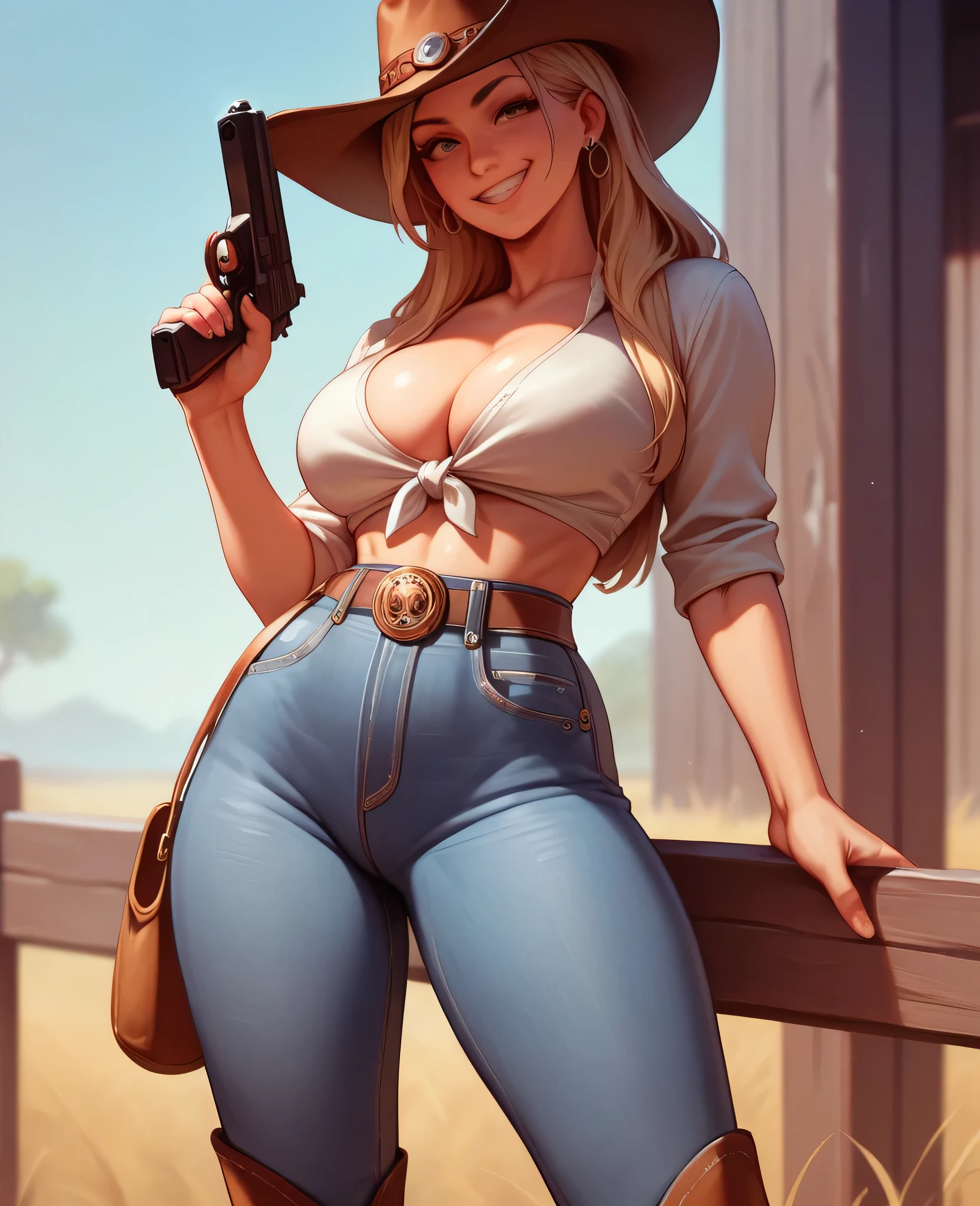 score_9, score_8_up, score_7_up, score_6_up, anime_source, best quality, 1girl, large hips, small waist, jeans, chaps, Big Titty cowgirl, cowboy hat, holding a pistol, Western city in the background, arrogant smile, cleavage
