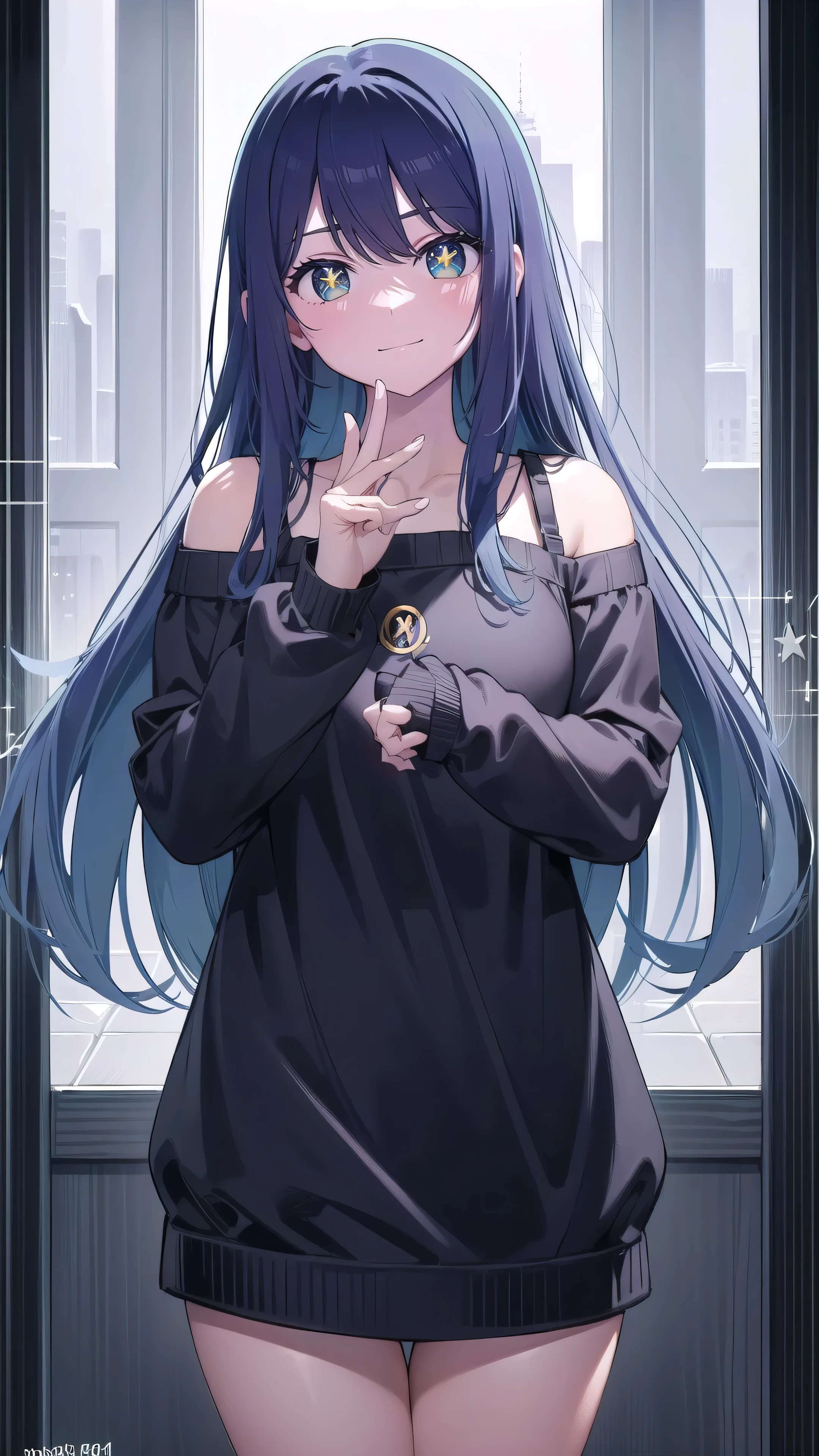 aihoshino, Ai Hoshino, Long Hair, bangs, (Purple eyes:1.1), Blue hair that is almost black, ((Symbol-shaped pupil:1.5)), smile,
break long sleeves, sweater, ribbed sweater, camisole, white camisole,Black mini skirt,
break indoors,
break looking at viewer, (Cowboy Shot:1.5),
break (masterpiece:1.2), Highest quality, High resolution, unity 8k wallpaper, (figure:0.8), (Beautiful attention to detail:1.6), Highly detailed face, Perfect lighting, Highly detailed CG, (Perfect hands, Perfect Anatomy),