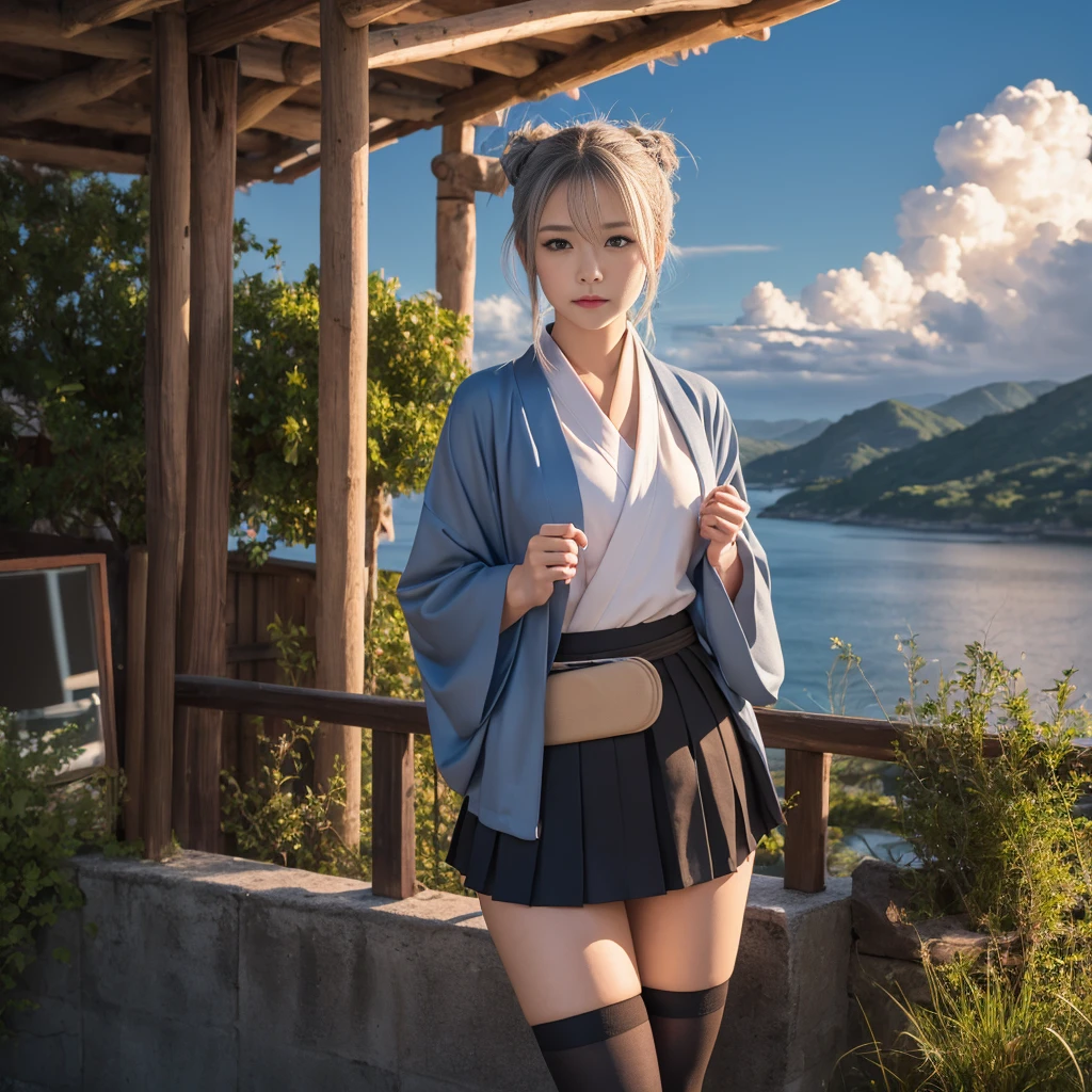 One Girl, kimono, ponytail ,Gray Hair, blue eyes, , wallpaper, landscape, , Written boundary depth, night,  Light, Side Light, Thighs, destiny \(series\), Genshin Impact,  Open jacket, skirt, Knee socks, cloud