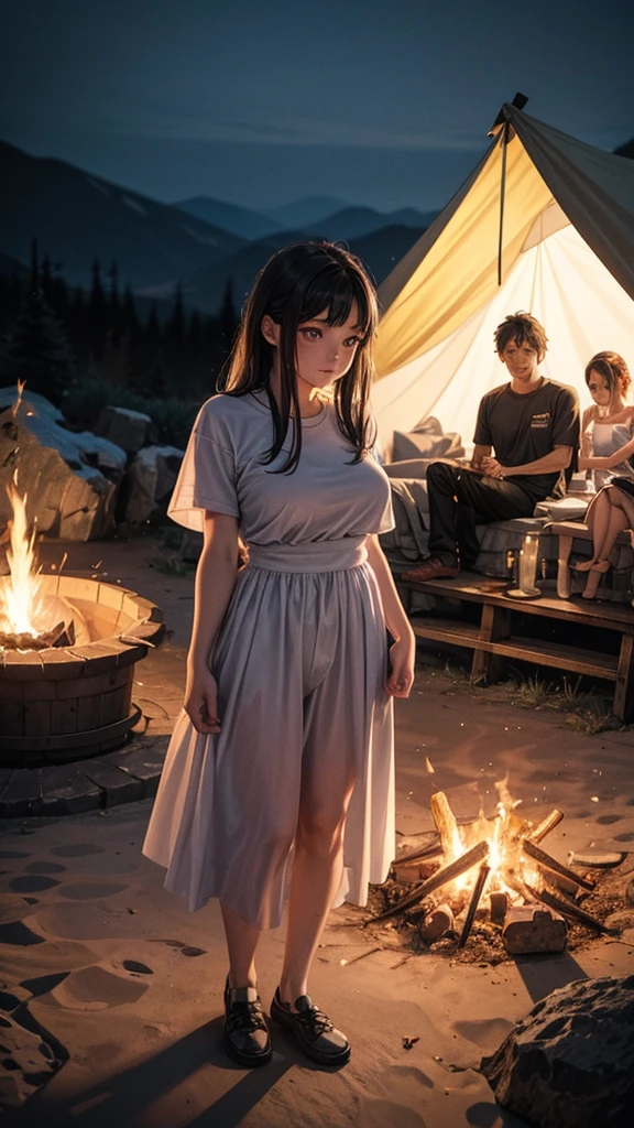 A couple is camping on top of the mountain. The couple is wearing short clothes and the girl has big hips. It is evening and the fire is burning.