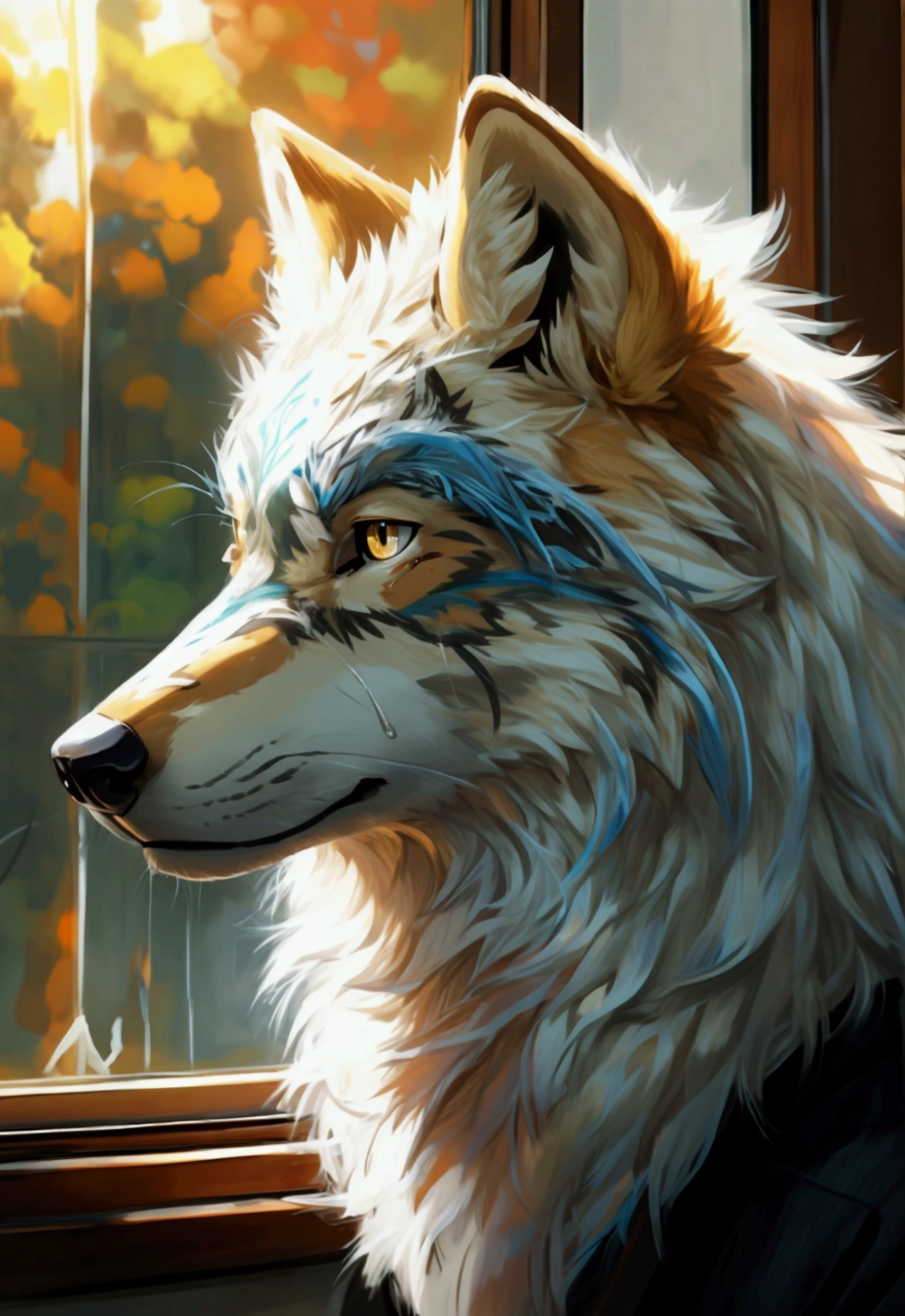 masterpiece,high quality,Perfect anatomical structure,hairy,Anthropomorphic wolves,White Wolf,male, Rainbow 5,Golden pupils,Bright Eyes,Tear stains on the face,School,Wearing school uniform,Delicate face,Through the window glass,Close-up face