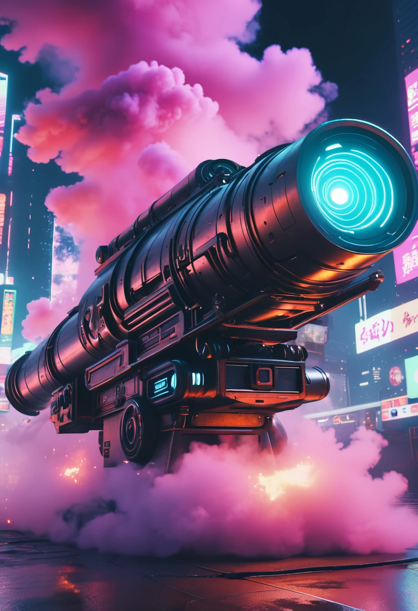 (8k, best quality, masterpiece, ultra highres, ultra-detailed:1.2),Shachihoko-shaped cannon,future technology, cyberpunk-style ,electronic ,Colored smoke,