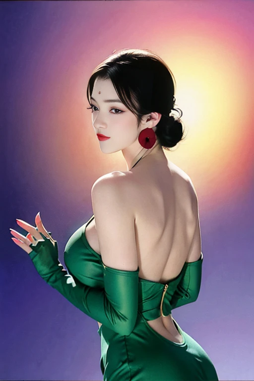 Narrow eyes, 1 girl, all back, deadpan, short hair, short hair, forehead, relief, black hair, short hair, solo, cowgirl, one piece, ((big breasts)), narrow slit eyes, black eyes, sparkling light eyes , black hair, gloves, dress, luxurious jewelry, earrings, sharp eyes、elbow grooves, raise your hands and tie your hair back, random color, random color dress, long eye makeup, slender eyes、smile, lipstick, complex petal pattern, Rim light, backlight, pastel color, studio lighting