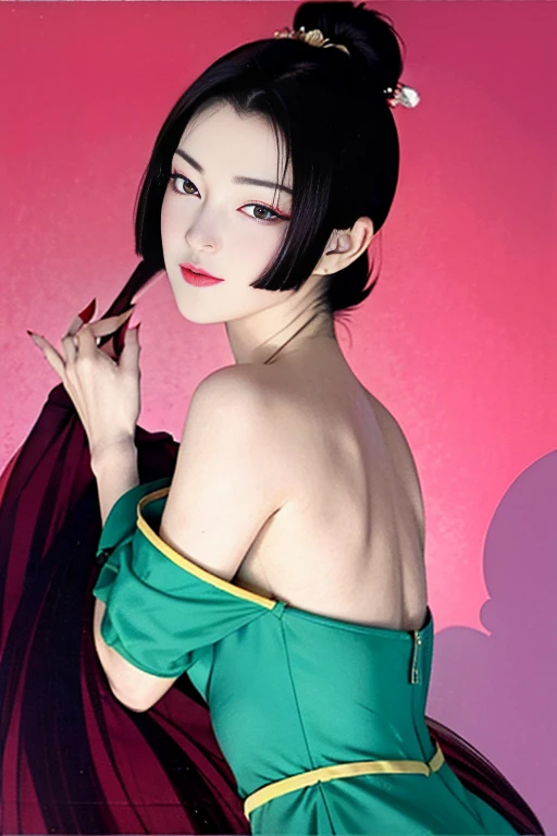 Narrow eyes, 1 girl, all back, deadpan, short hair, short hair, forehead, relief, black hair, short hair, solo, cowgirl, one piece, (()), narrow slit eyes, black eyes, sparkling light eyes , black hair, gloves, dress, luxurious jewelry, earrings, sharp eyes、elbow grooves, raise your hands and tie your hair back, random color, random color dress, long eye makeup, slender eyes、smile, lipstick, complex petal pattern, Rim light, backlight, pastel color, studio lighting