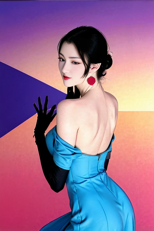 Narrow eyes, 1 girl, all back, deadpan, short hair, short hair, forehead, relief, black hair, short hair, solo, cowgirl, one piece, ((big breasts)), narrow slit eyes, black eyes, sparkling light eyes , black hair, gloves, dress, luxurious jewelry, earrings, sharp eyes、elbow grooves, raise your hands and tie your hair back, random color, random color dress, long eye makeup, slender eyes、smile, lipstick, complex petal pattern, Rim light, backlight, pastel color, studio lighting