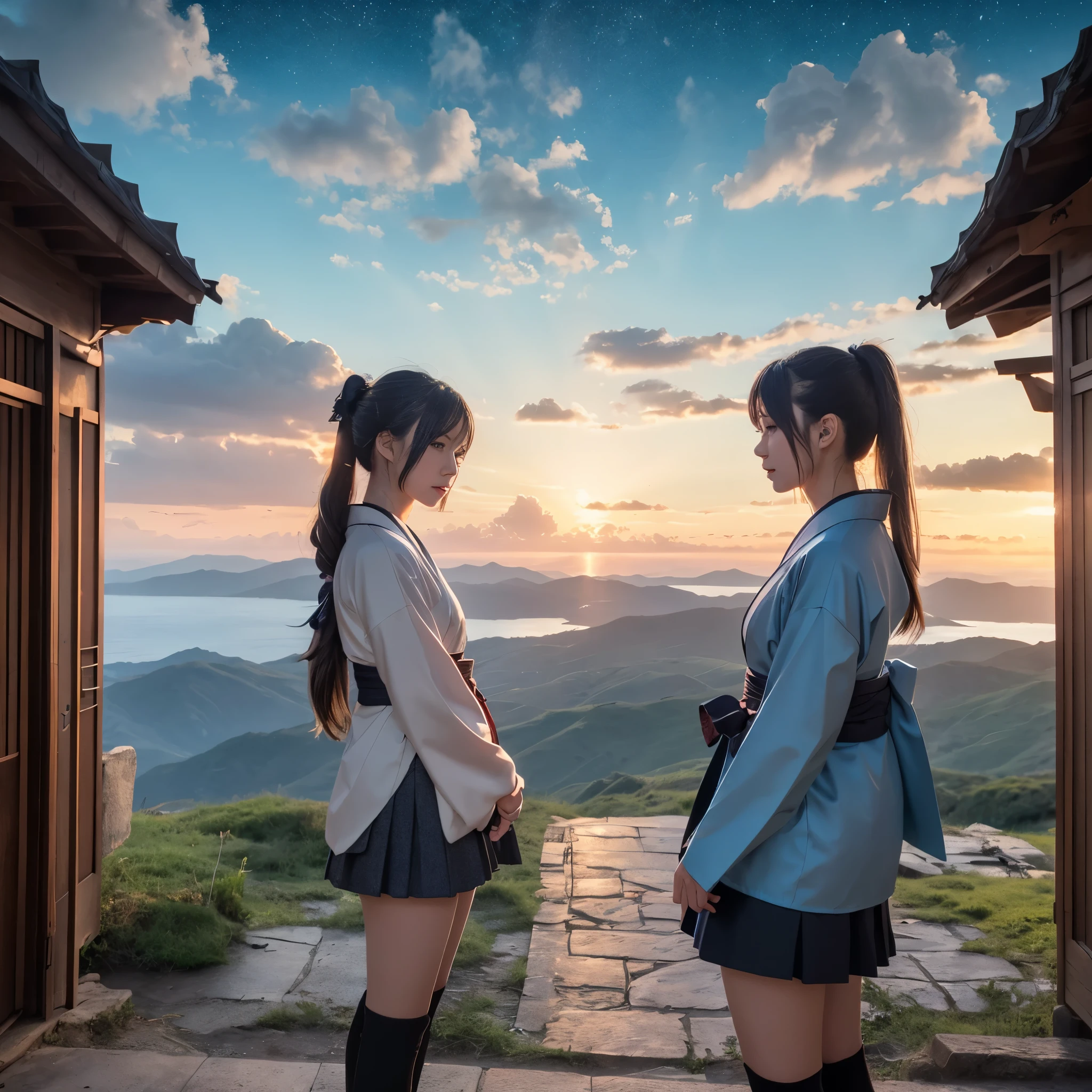 One Girl, kimono, ponytail ,Gray Hair, blue eyes, , wallpaper, landscape, , Written boundary depth, night, Light, Side Light, Thighs, destiny \(series\), Genshin Impact, Open jacket, skirt, Knee socks, cloud