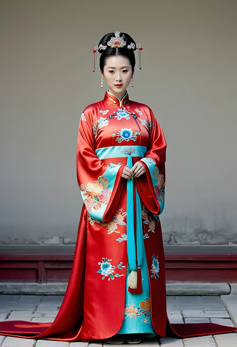 A woman seen from the front, standing facing forward, wearing a red Manchu dress with a floral pattern and no crown, in a Qing Dynasty imperial court in China.。She is wearing no underwear, her large breasts are exposed, and even her stomach is completely naked. Her hair is tied up and pulled up, decorated with a large, flashy flower and a hairpin. The background is the outside of the Chinese palace of the Qing Dynasty.