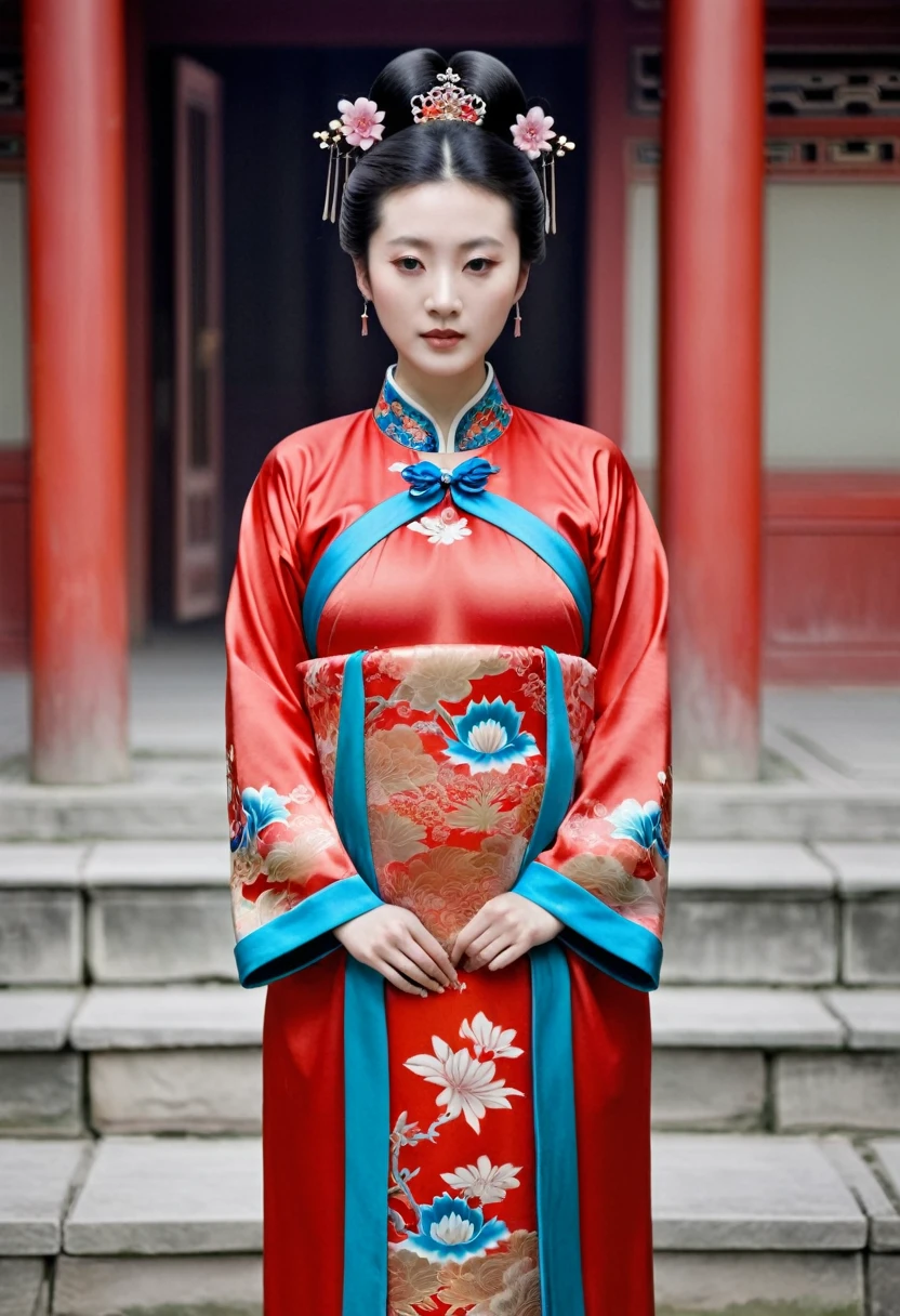 A woman seen from the front, standing facing forward, wearing a red Manchu dress with a floral pattern and no crown, in a Qing Dynasty imperial court in China.。She is wearing no underwear, her large breasts are exposed, and even her stomach is completely naked. Her hair is tied up and pulled up, decorated with a large, flashy flower and a hairpin. The background is the outside of the Chinese palace of the Qing Dynasty.