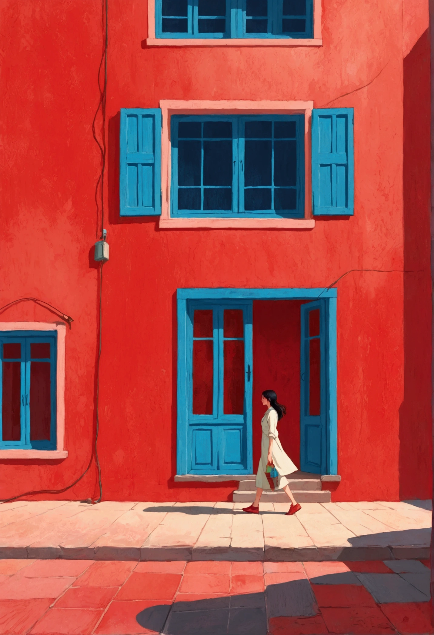 A painting。pastel artwork。Minimalist style,A woman walks in front of a blue window, Red Wall,girl, Color illustrations, full Color illustrations, Color illustrations, Colorfull illustration,Red background。panoramic,angle of light