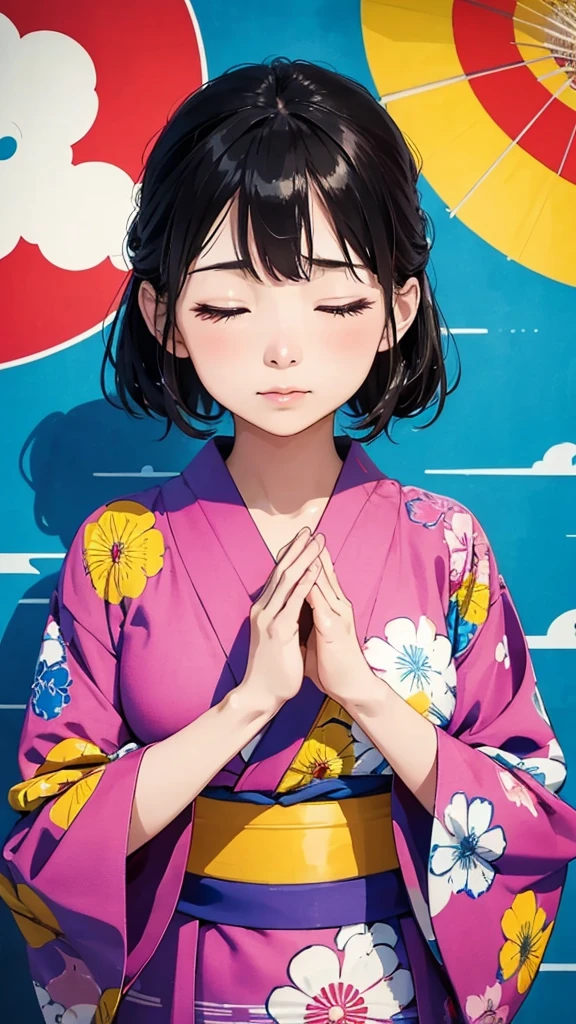 (masterpiece, Highest quality:1.1), (Popart Style),Flat Color,One Woman、yukata,Japan,Osaka、Hozenji Alley、Water-sprinkling immovable、I am praying、Hands together、Eyes closed、Portrait Photography, sharp,An illustration:Don'unreadable,