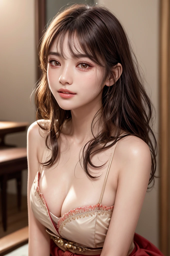 Wearing a Madder Red colored kimono, Cowboy Shot, Very detailed, 21 years old, Innocent face, Naturally Wavy Hair, High resolution, masterpiece, 最high quality, Intricate details, Very detailed, Clear focus, Delicate skin, practical skin texture, texture, Delicate eyes, Professional, 4K, Cute Smile, Shot with Canon, 85mm, Shallow and deep, Kodak Vision Color, Exactly, Very detailedな, photograph_\(Extremist\), photographpractical, practical, Post-processing, Maximum details, Roughness, Real Life, Extremist practical, Photorealism, photographgraphy, 8kウルトラHD, photographgraphy, (最high quality、Tabletop、8k、Best image quality、Award-winning works)、Sleeveless, (Red eyeshadow:1.2)、Perfect Makeup、Long eyelashes、Ultra-high definition sparkling eyes、Ultra HD Hair、ultra High resolution glossy lips、Super High resolution perfect teeth、Super High resolution cute face、Black Hair、(Very short straight hair:1.1)、Look at me and smile、[clavicle]、Accurate anatomy、With bangs、超High resolutionのShine肌、The most detailed face、Ultra High resolution detailed faces、ultra High resolution hair、Fashion model, 25 years old, [[[[chest]]]], [[[[head]]], [shoulder]]]]], Perfect Eyes, Perfect Iris, Perfect Lips, Perfect Teeth, Perfect Skin, Soft Front Light, Shine, High resolution, (Soft colors: 1.2), Best Quality, a photographrealistic portrait of a stunningly beautiful woman without make-up, Very detailedな light hazel eyes, Symmetrical, realistic face with great detail, Very detailedな natural texture, Peach fuzz, Messy Hair, masterpiece, Absurd, award winning photograph by lee jeffries, nikon d850 film stock photographgraph, Kodak Portra 400 Camera F1.6 Lenses, Very detailedな, wonderful, The finer details, Rich colors, hyper realistic lifelike texture, Dramatic lighting, Unreal Engine, Trending on Art Station, Cinestill 800 Tungsten, Looking at the audience, photograph realistic, RAW photograph, Tanvir Tamim, high quality, High resolution, Sharp focus, Very detailedな, Cinema Lighting, 8k uhd, Kneel, 