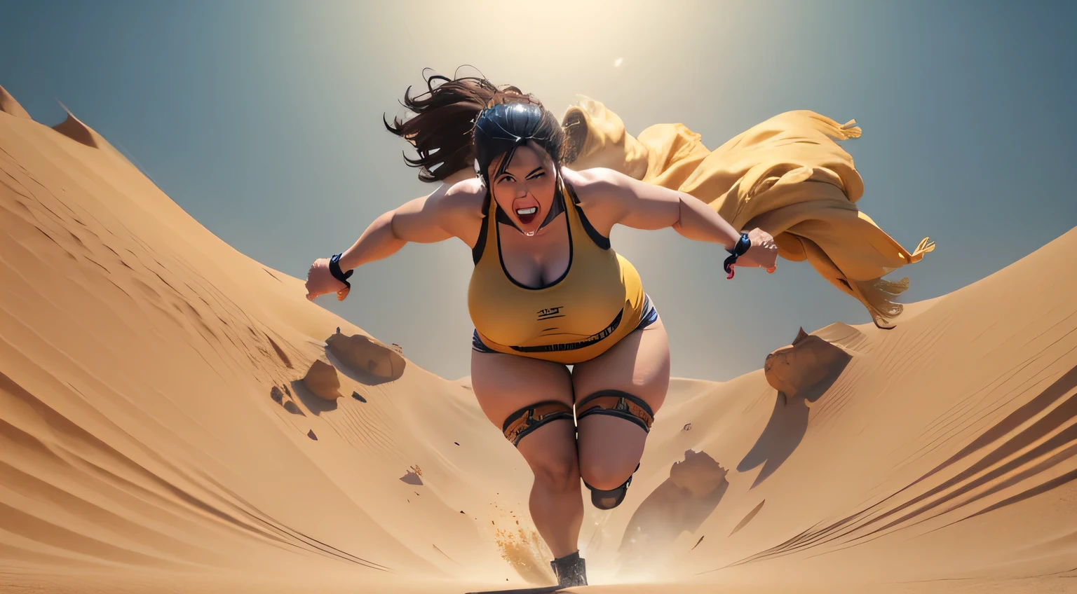 In a desert with a sandstorm, a curvy sexy sweaty woman running away, scared face, cry, speedlines
